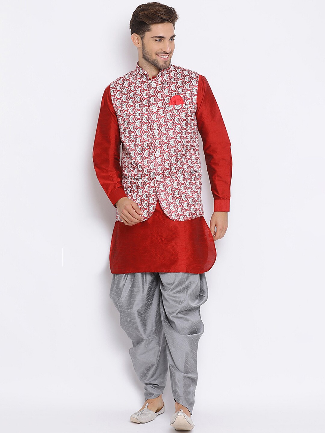 

Hangup Men Kurta Set With Dhoti Pants & Nehru Jacket, Red