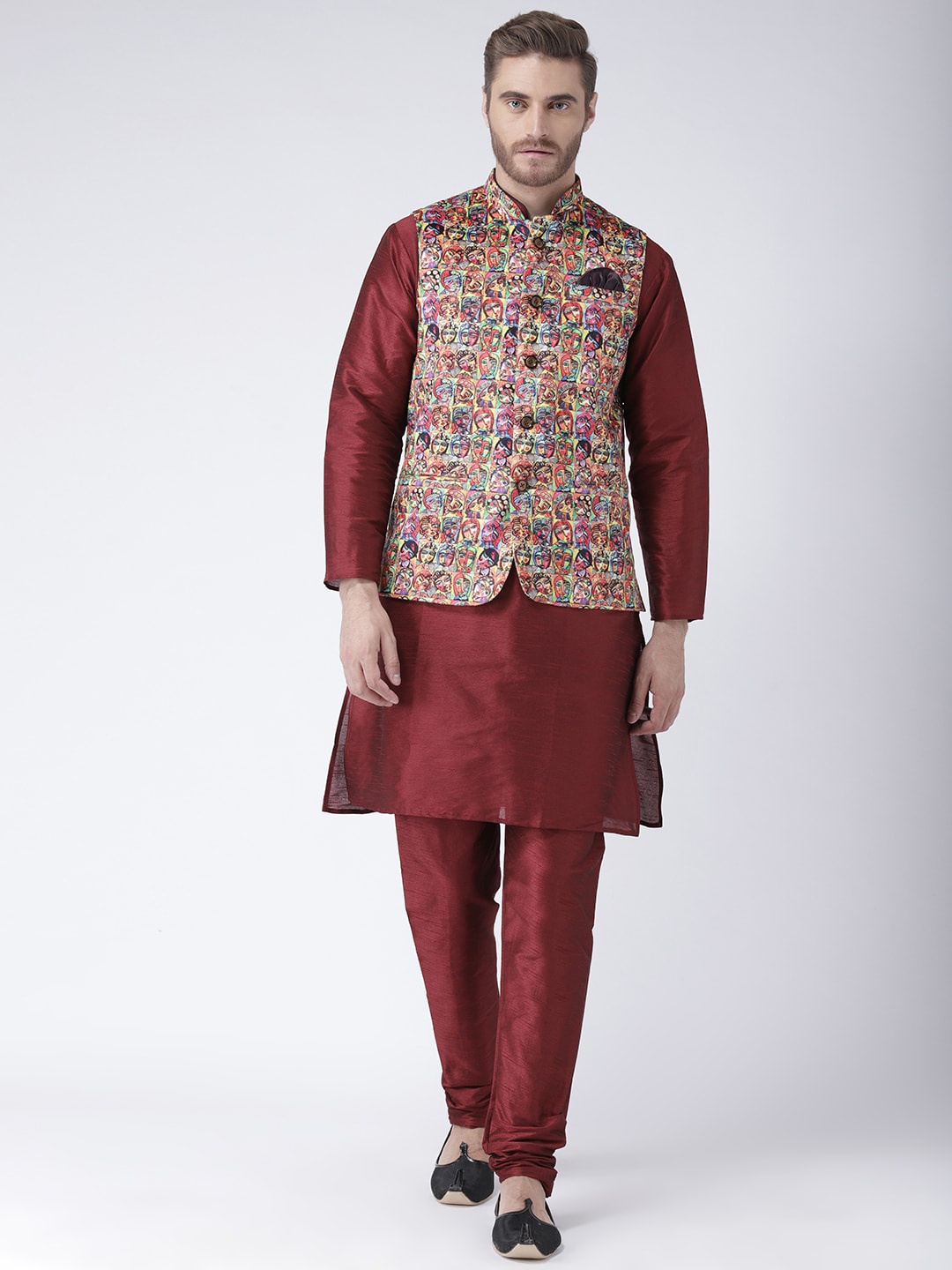 

Hangup Men Long Sleeve Kurta with Churidar & Nehru jacket, Maroon