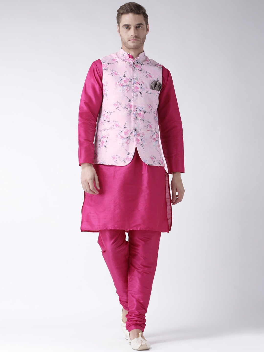 

Hangup Men Regular Kurta with Churidar & Nehru Jacket, Pink