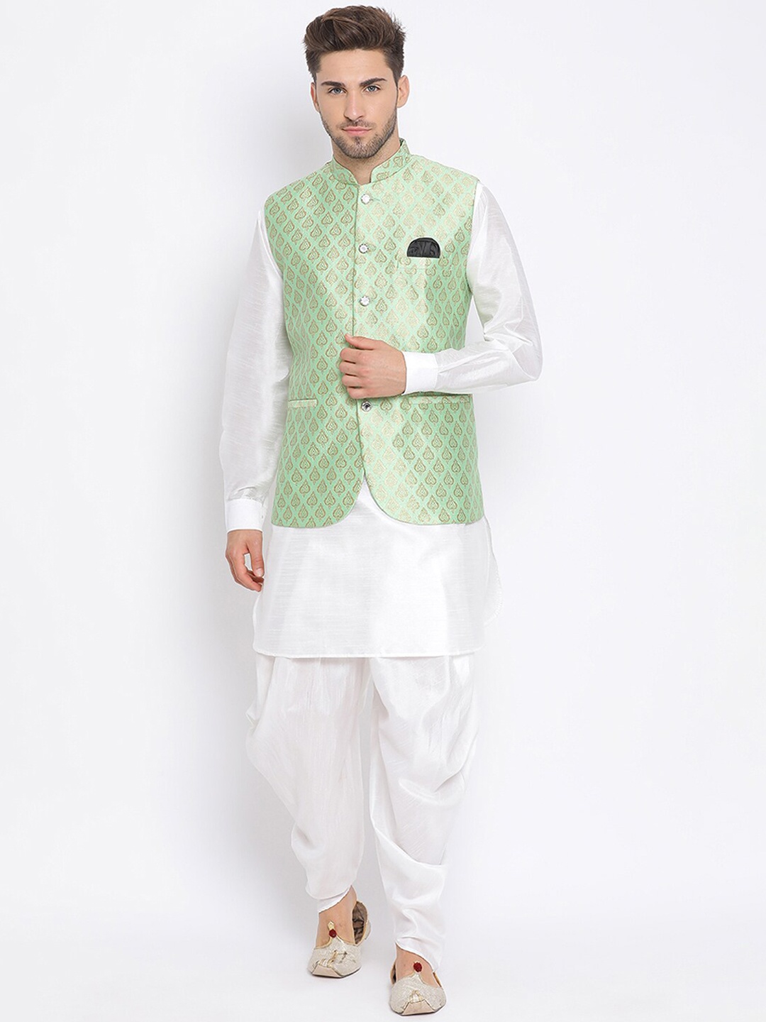 

Hangup Men Kurta Set With Dhoti Pants & Nehru Jacket, White