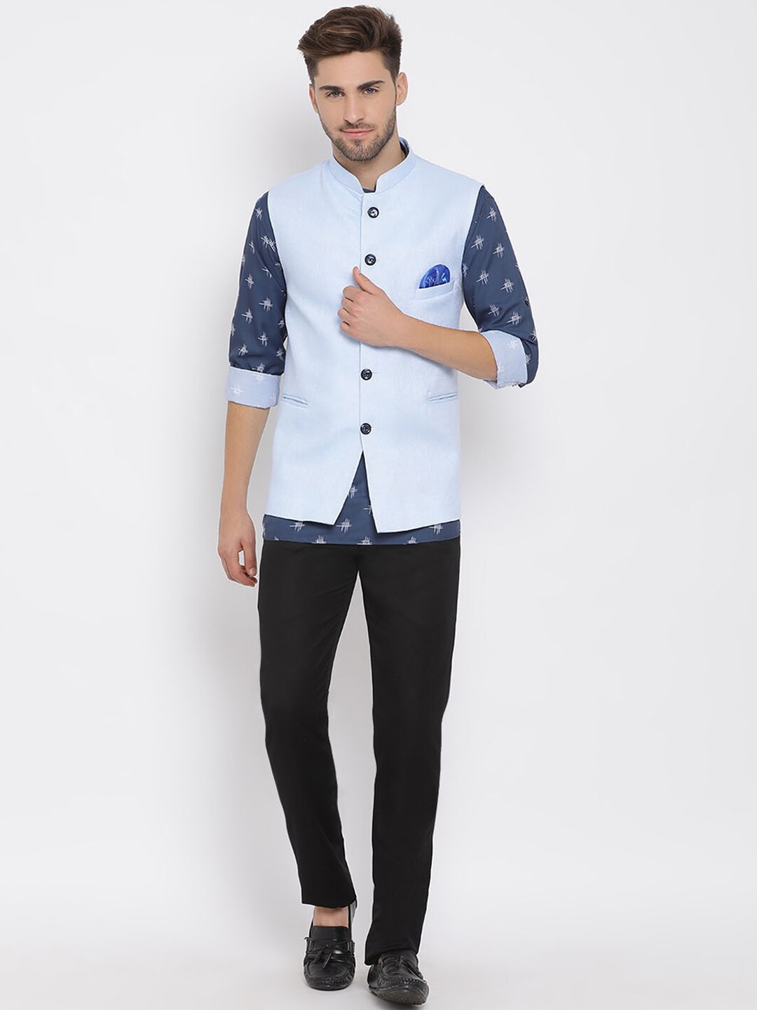 

Hangup Men Printed Linen Kurta with Trousers, Blue