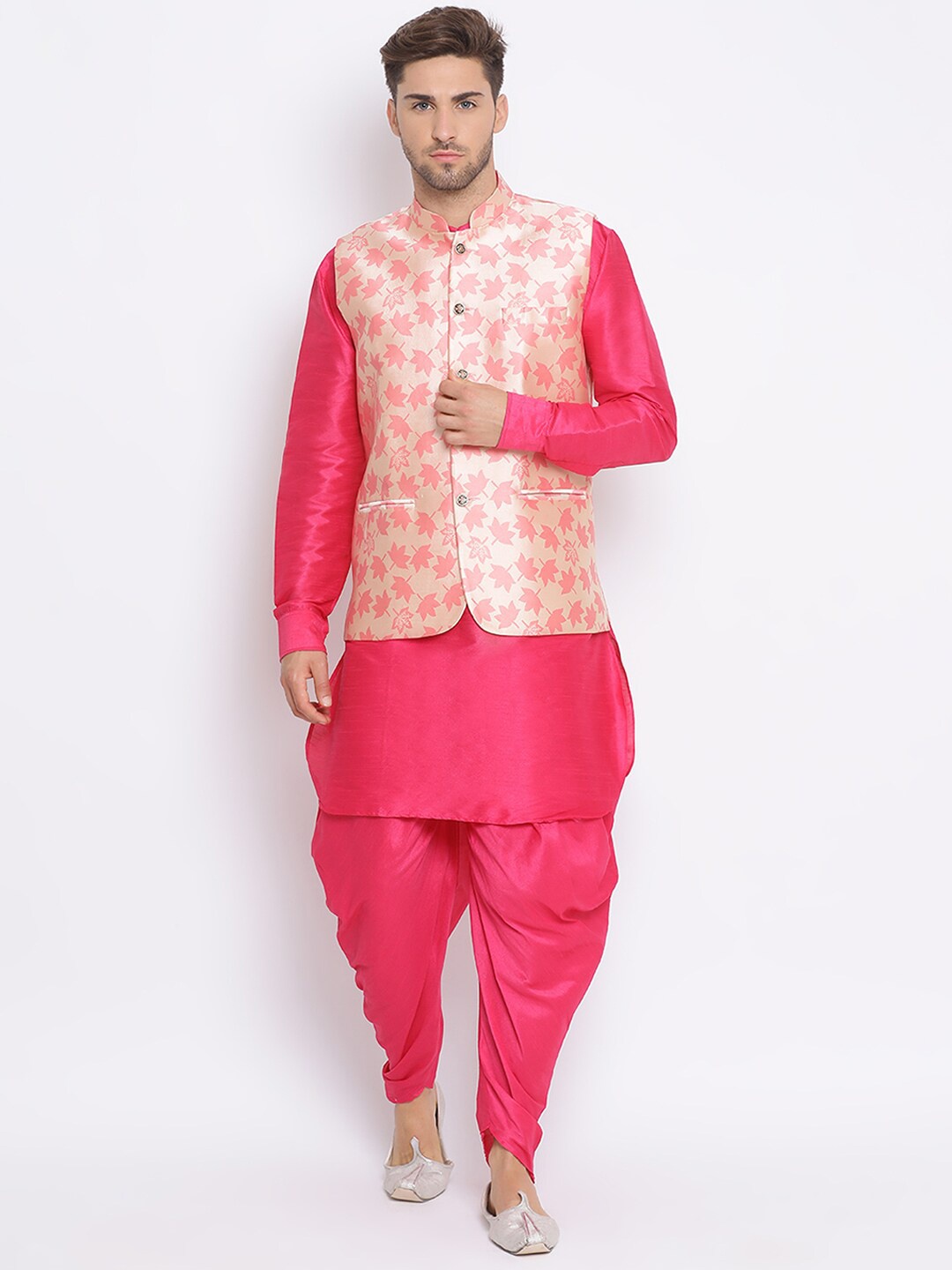 

Hangup Men Pink Kurta with Dhoti Pants & Nehru Jacket