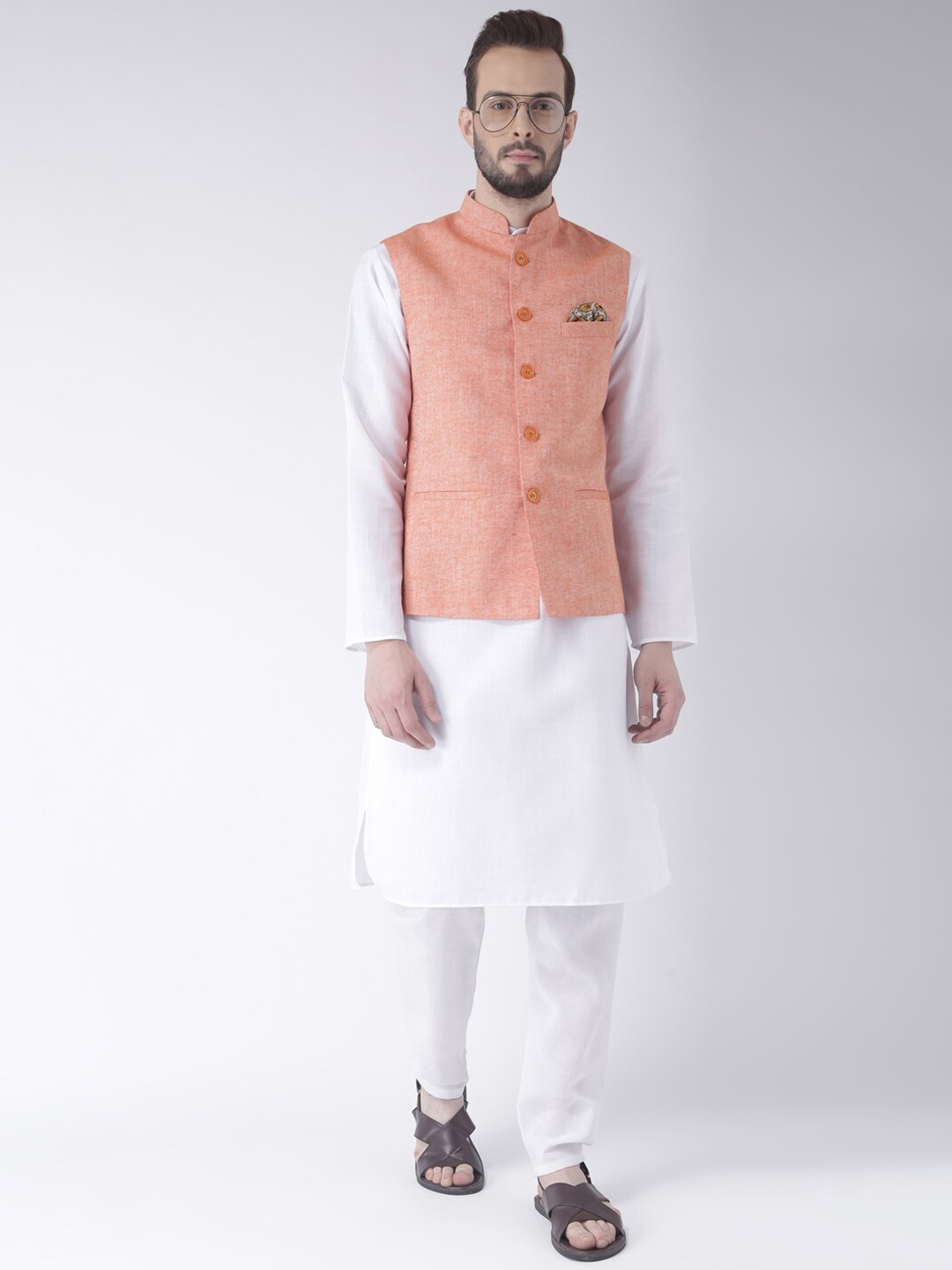 

Hangup Men Pure Cotton Kurta with Pyjamas & Nehru Jacket, Peach