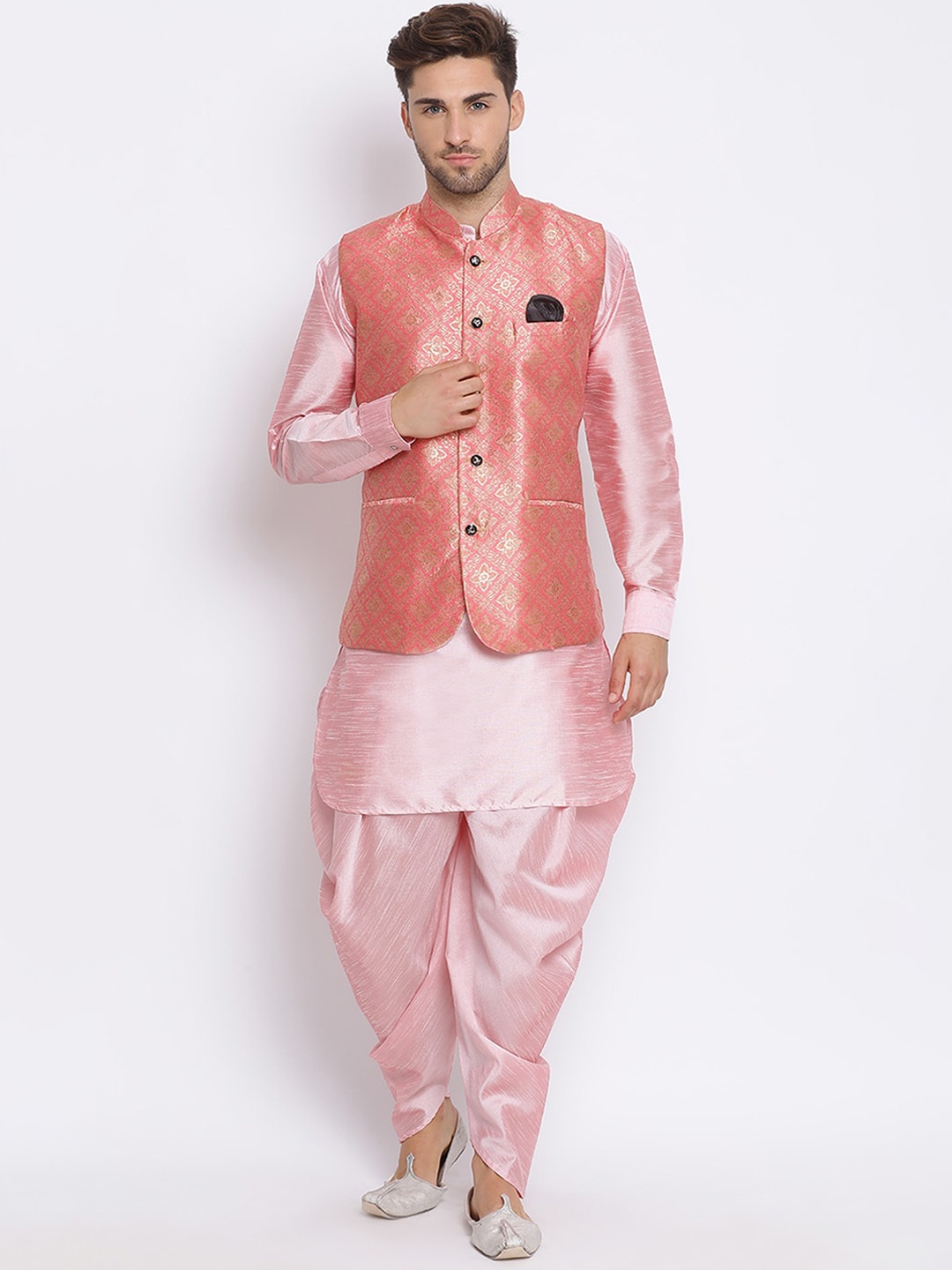 

Hangup Men Mandarin Collar Kurta with Dhoti Pants & Nehru jacket, Pink