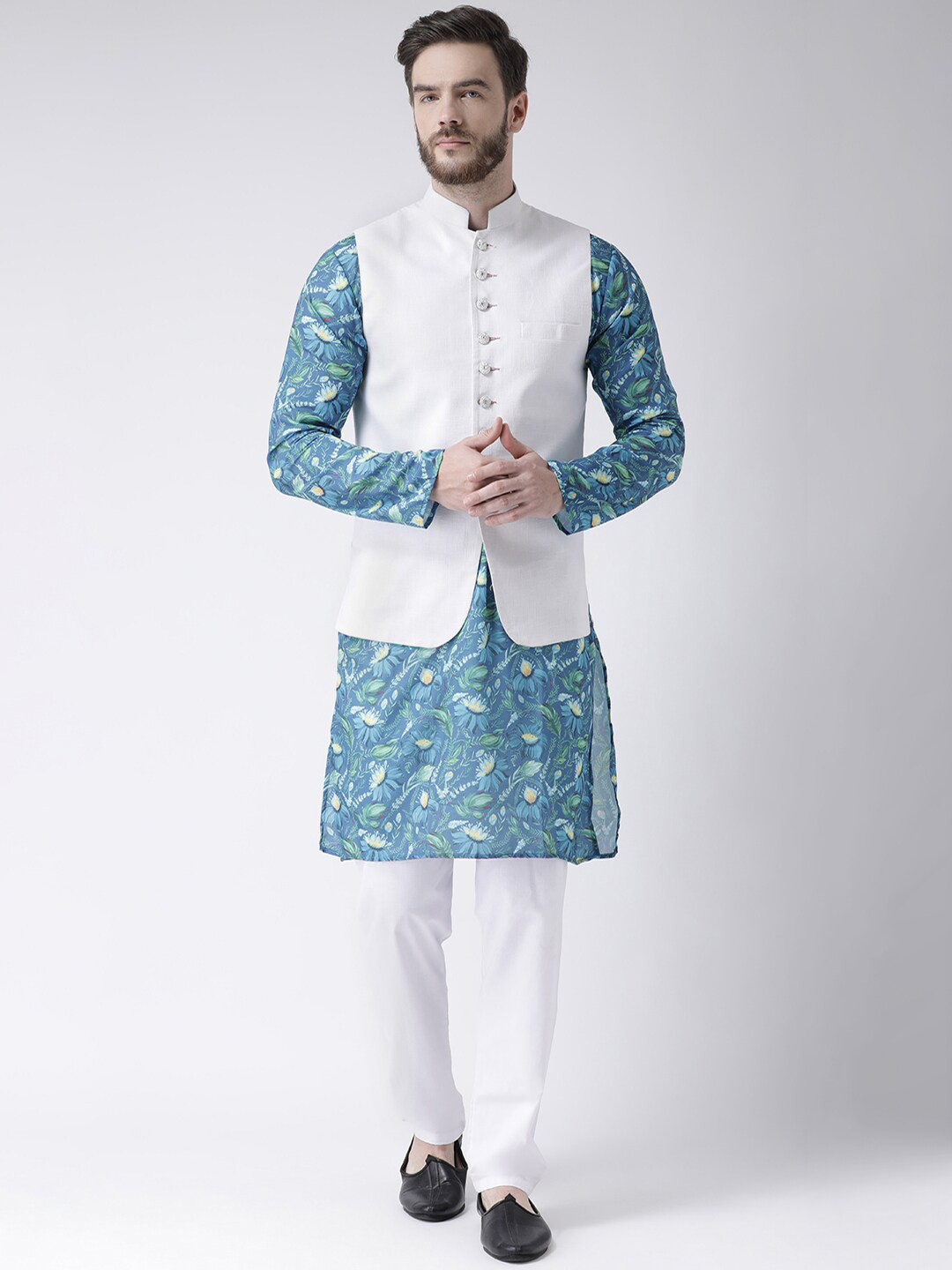 

Hangup Men Floral Printed Pure Cotton Kurta with Pyjamas & Nehru jacket, Blue