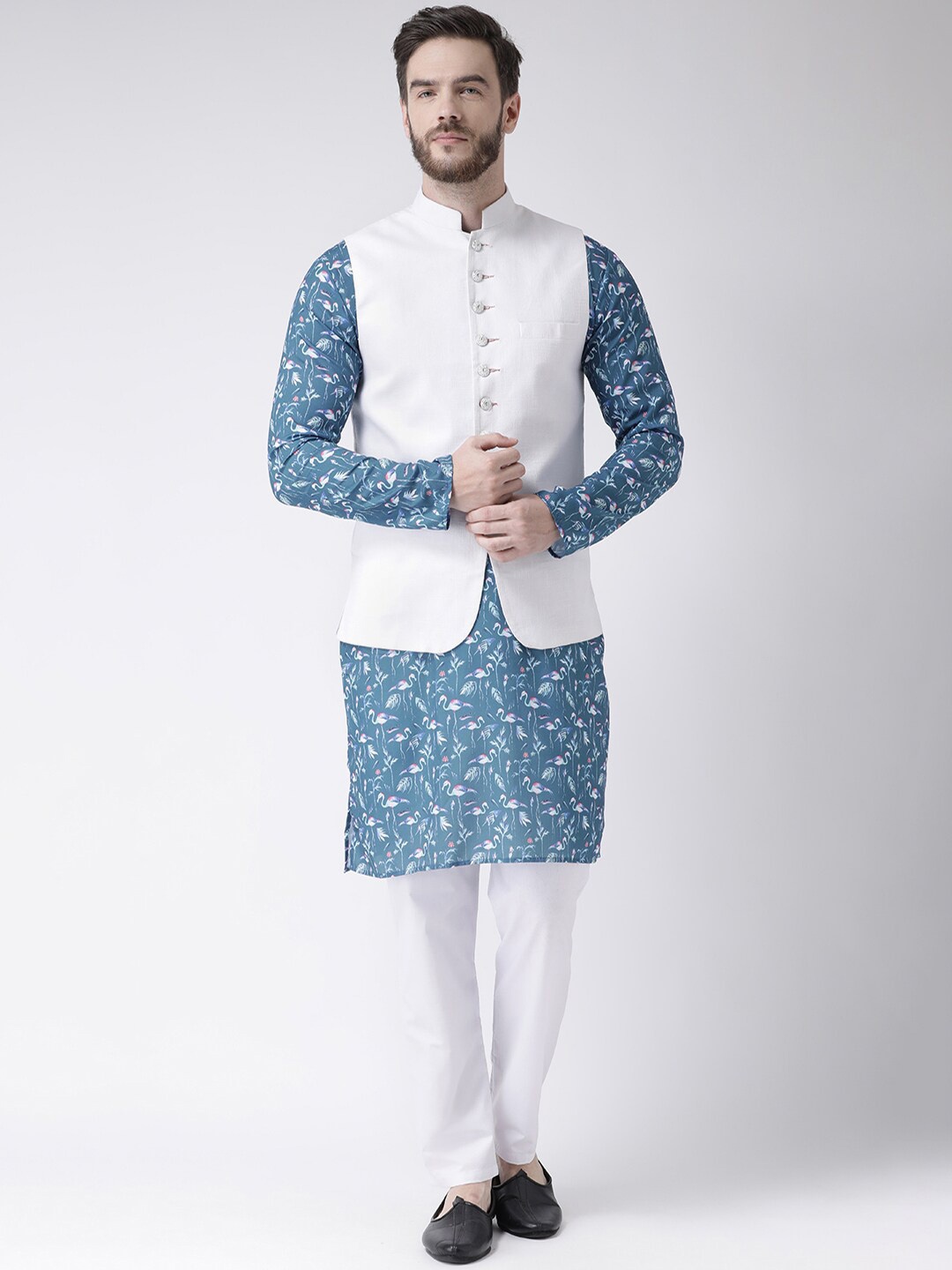 

Hangup Men Ethnic Motifs Printed Cotton Kurta Set With Jacket, Blue