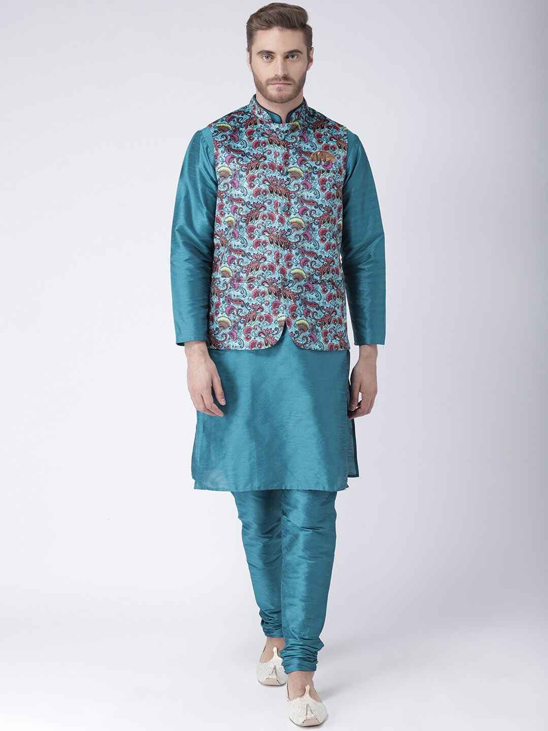 

Hangup Men Kurta Set With Churidar & Nehru Jacket, Teal