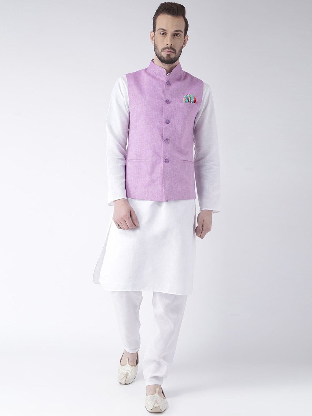

Hangup Men Pure Cotton Kurta Set With Pyjamas & Nehru Jacket, White