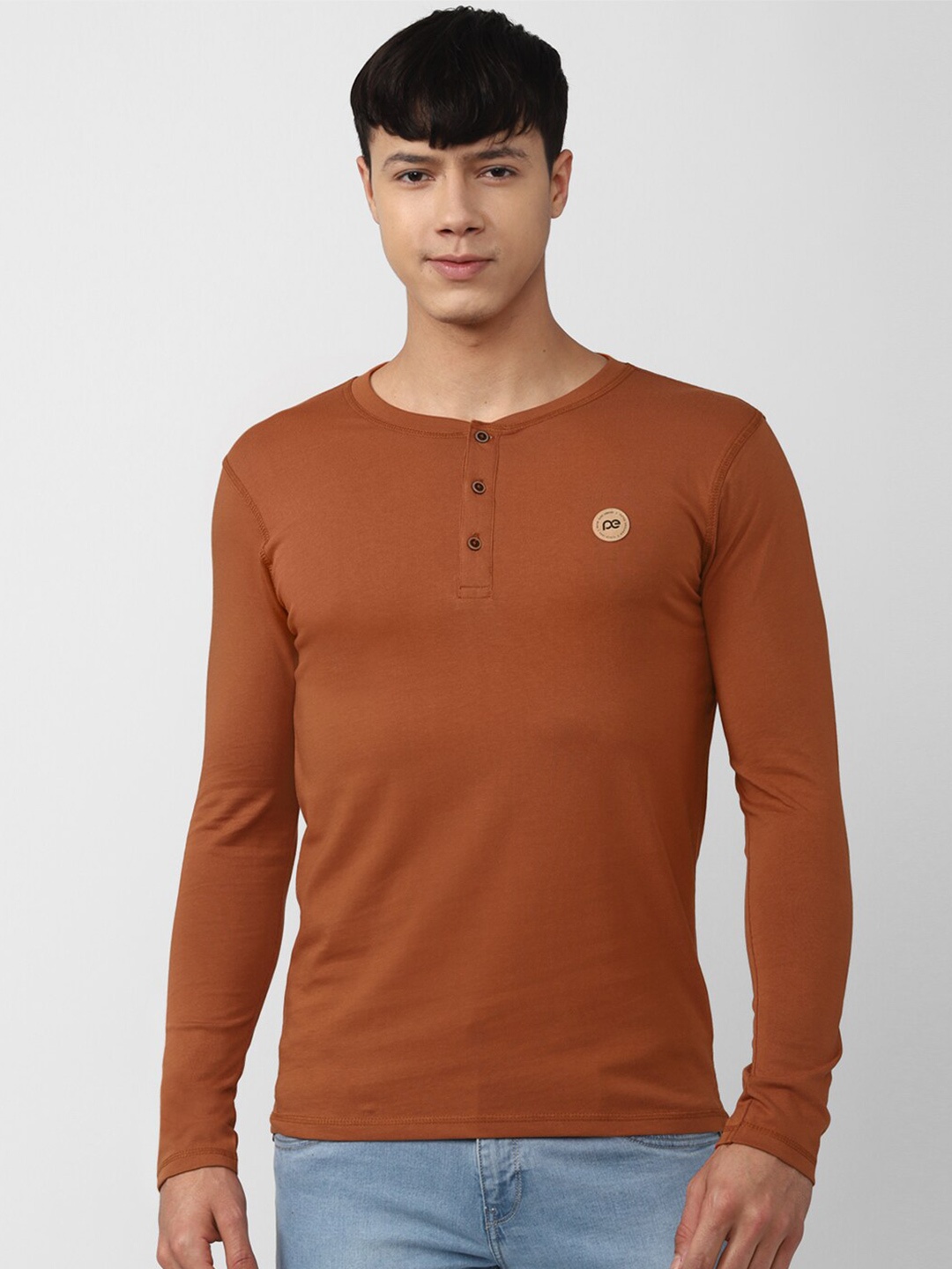 

Peter England Better Jeans Company Men Henley Neck Slim Fit Pure Cotton T-shirt, Rust