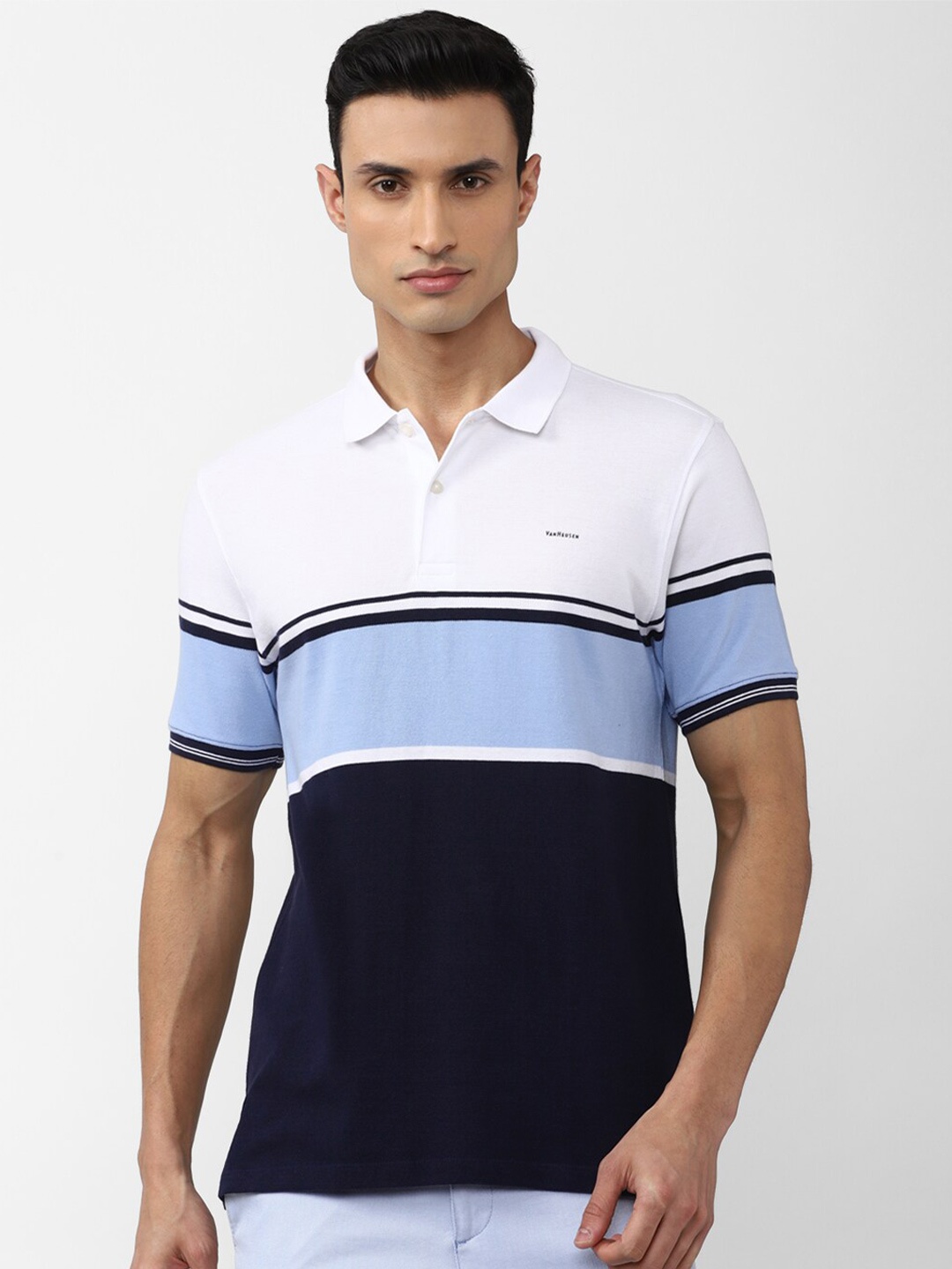 

Van Heusen Men Colourblocked Polo Collar Pure Cotton T-shirt, Navy blue