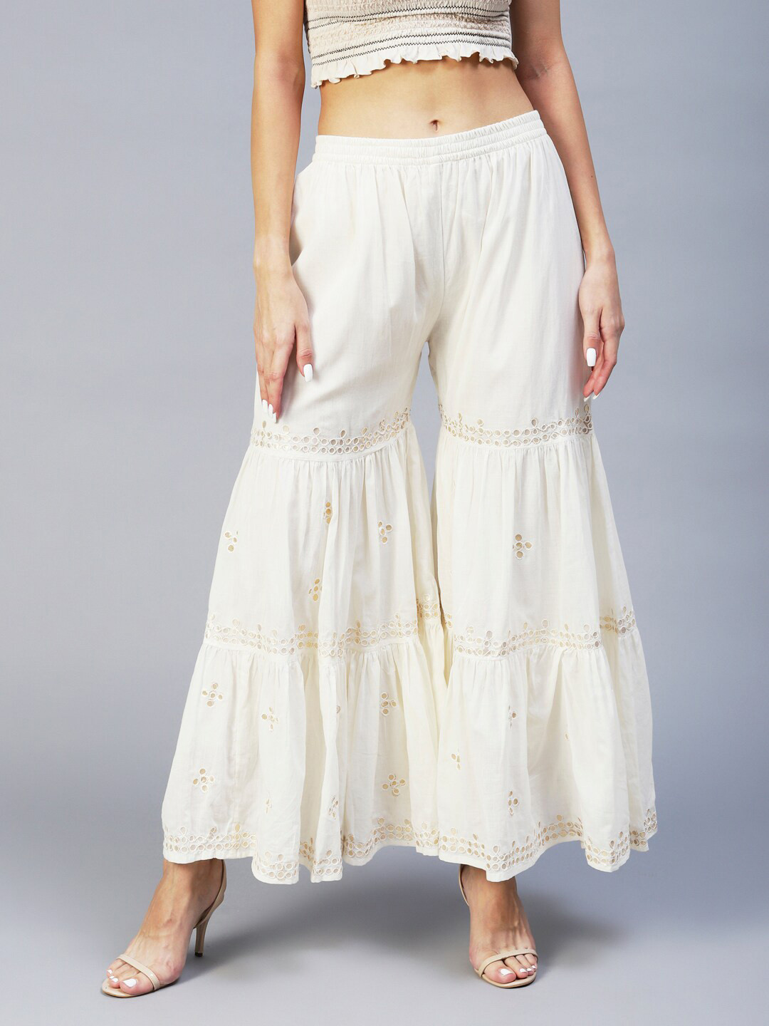 

FASHOR Women Self Design Ethnic Motifs Cotton Flared Ethnic Palazzos, Off white