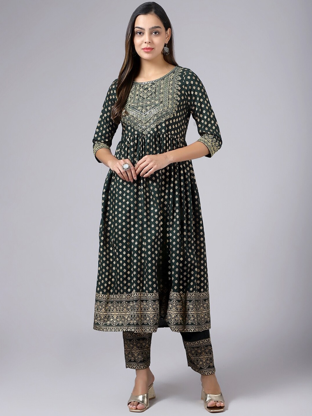 

KALINI Embroidered Angrakha Mirror Work Kurta with Trousers & Dupatta, Green