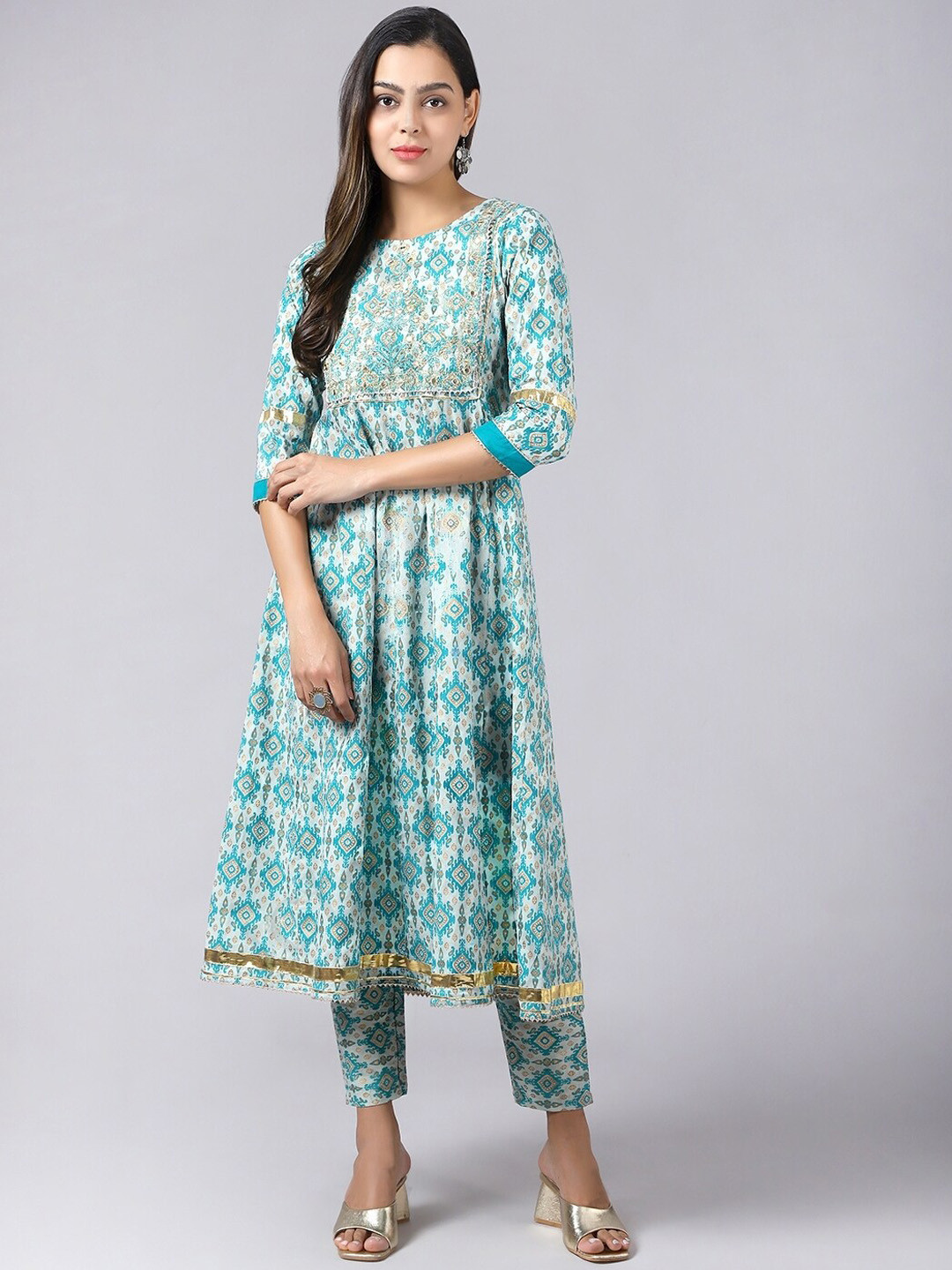 

KALINI Women Ethnic Motifs Angrakha Gotta Patti Kurta with Trousers & With Dupatta, Green