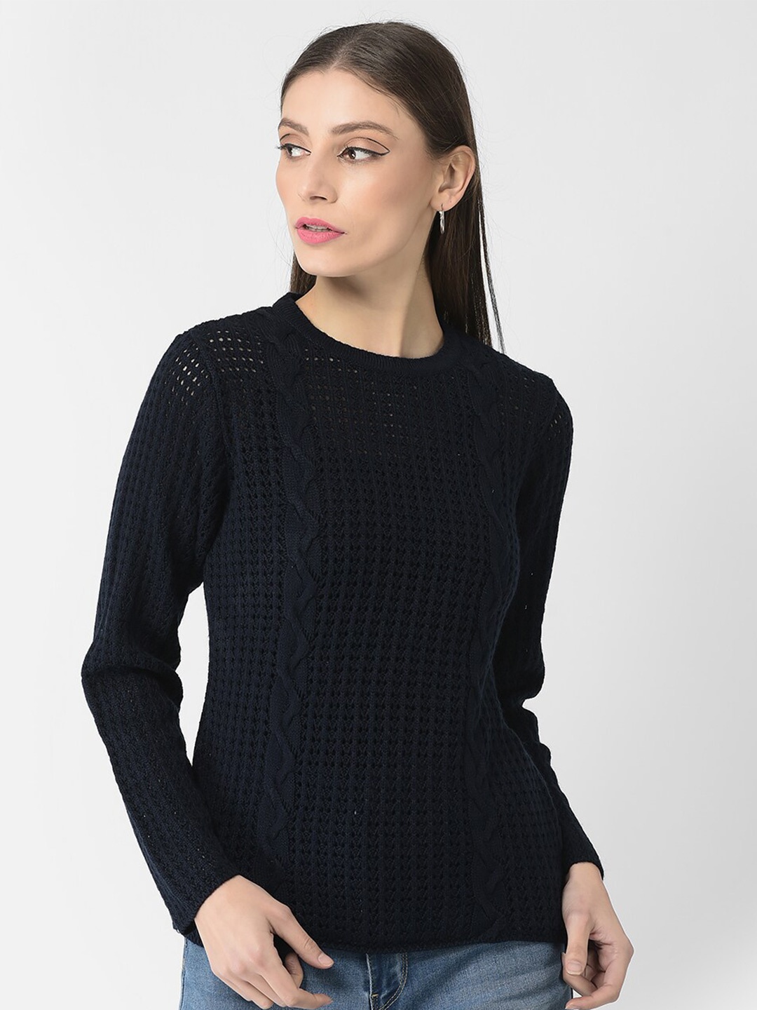 

Crimsoune Club Women Cable Knit Acrylic Pullover Sweater, Navy blue