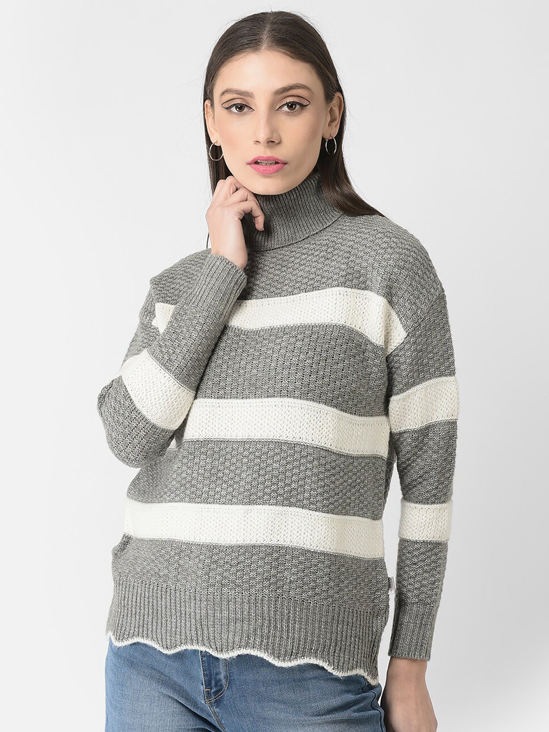 

Crimsoune Club Women Striped Pullover Sweater, Grey