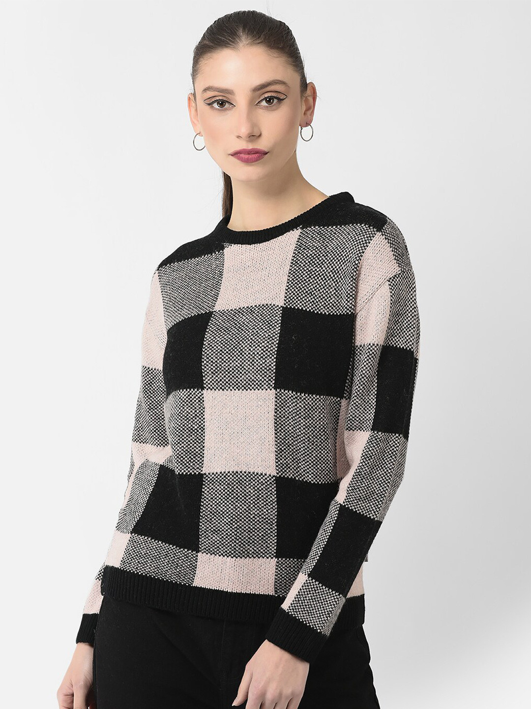 

Crimsoune Club Women Checked Pullover Sweater, Black