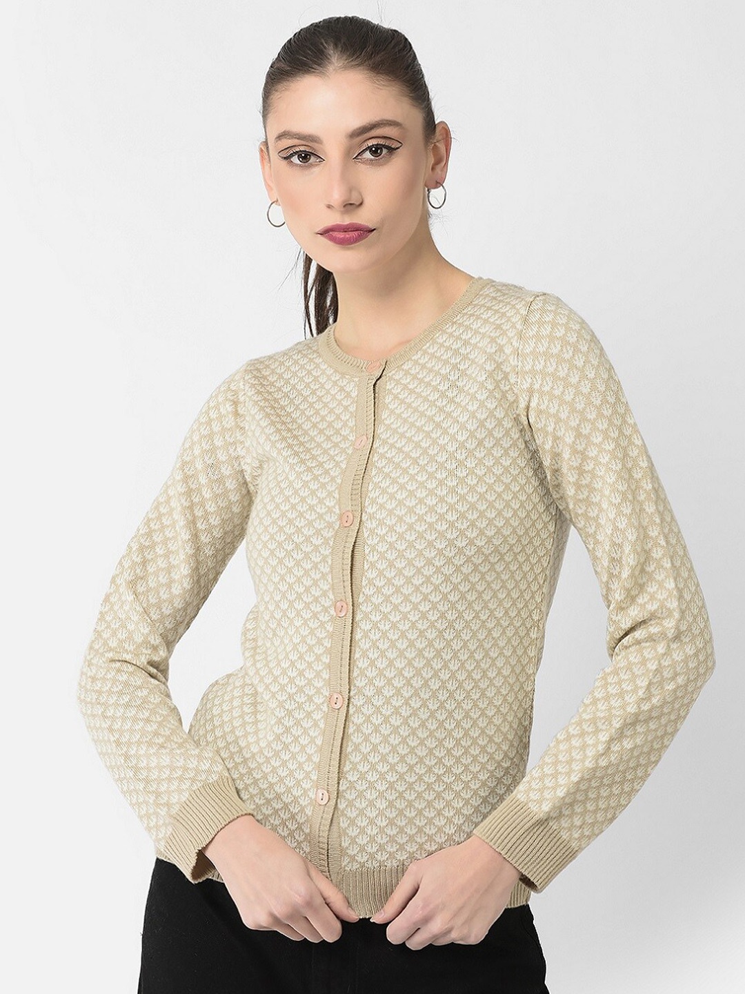 

Crimsoune Club Women Abstract Printed Acrylic Cardigan Sweater, Beige