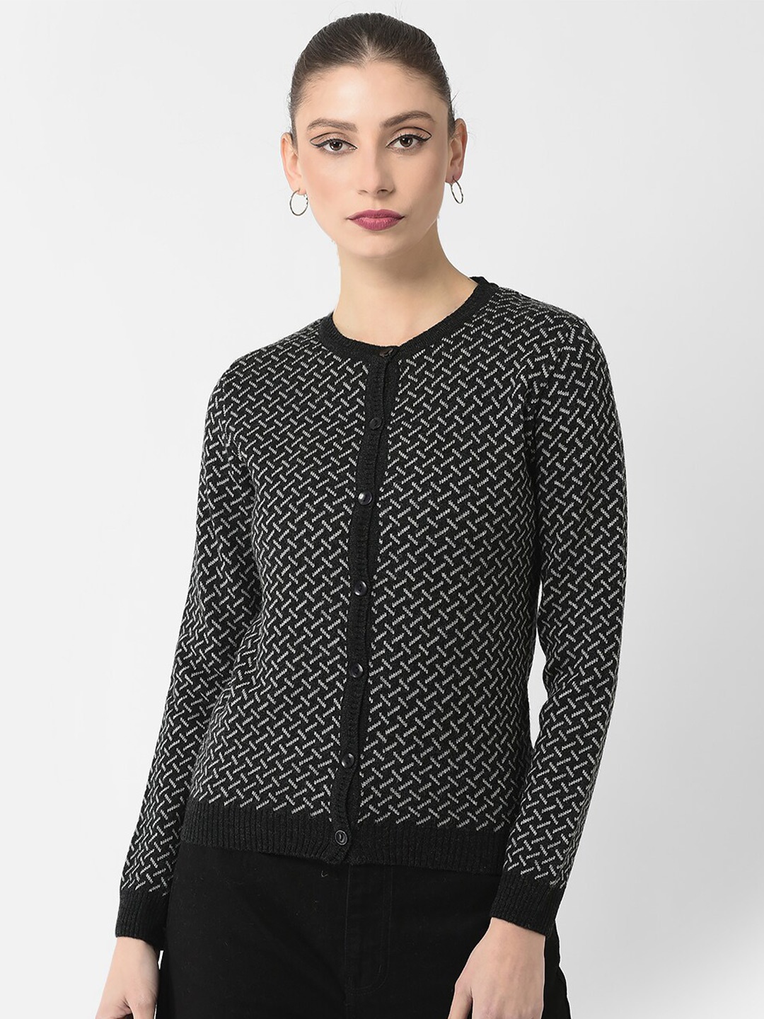 

Crimsoune Club Women Abstract Printed Acrylic Cardigan, Black