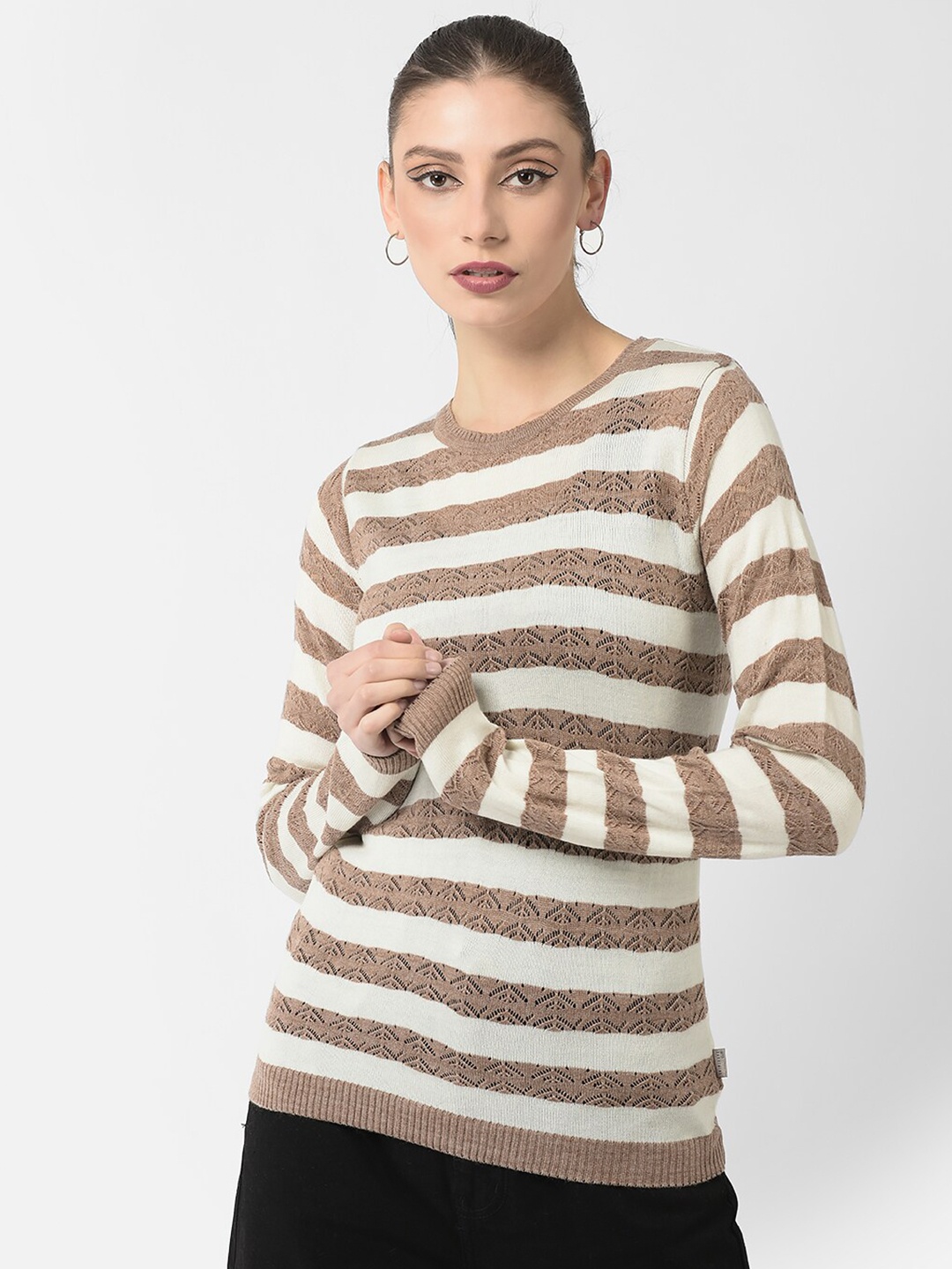 

Crimsoune Club Women Striped Acrylic Pullover, Brown