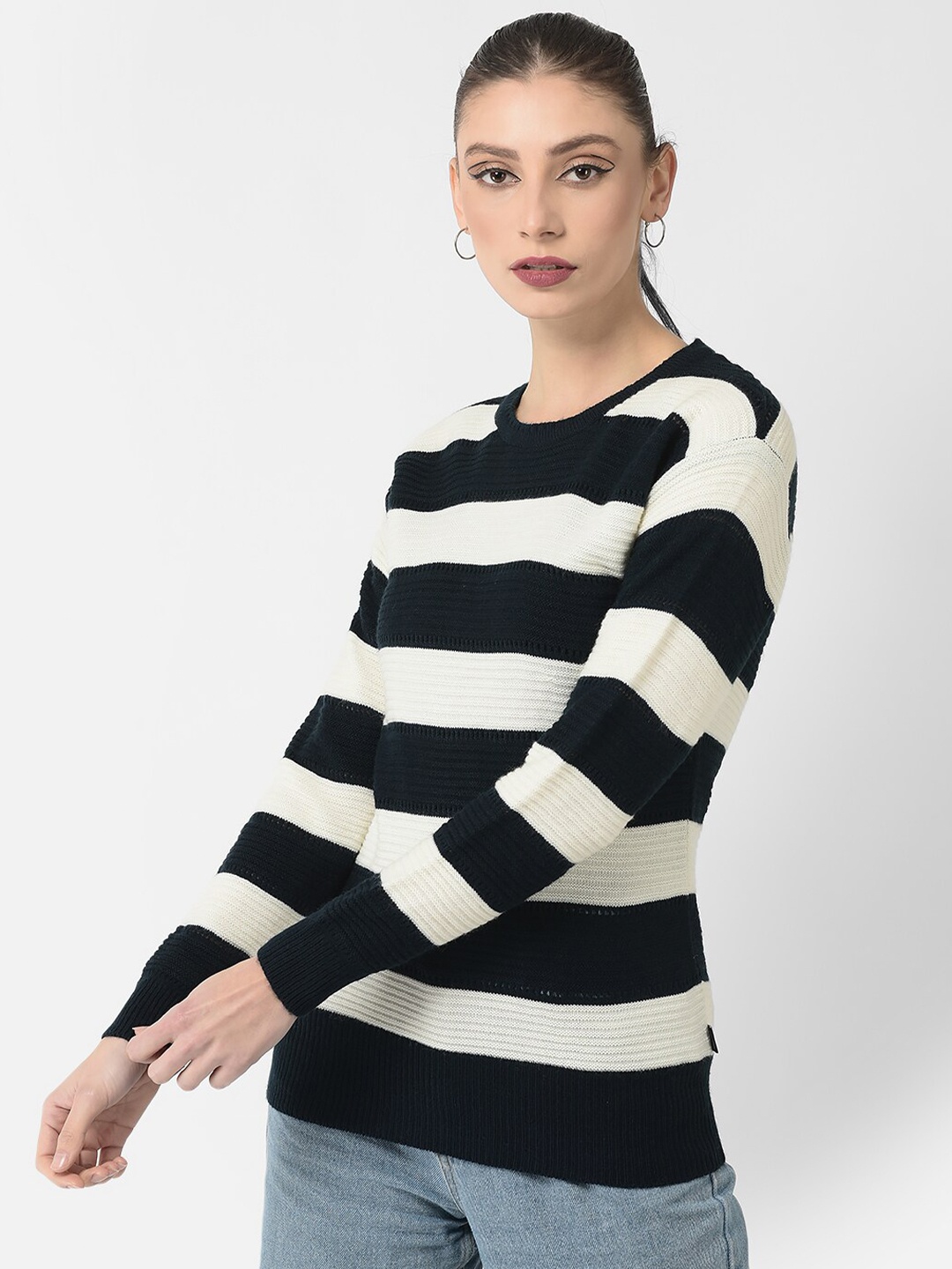 

Crimsoune Club Women Acrylic Striped Pullover, Navy blue