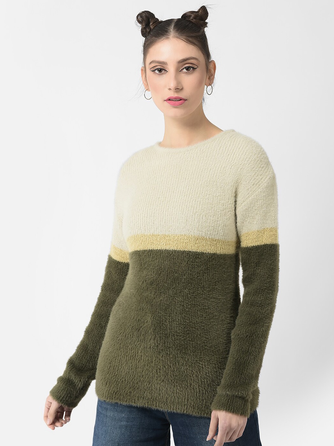 

Crimsoune Club Women Colourblocked Pullover, Olive