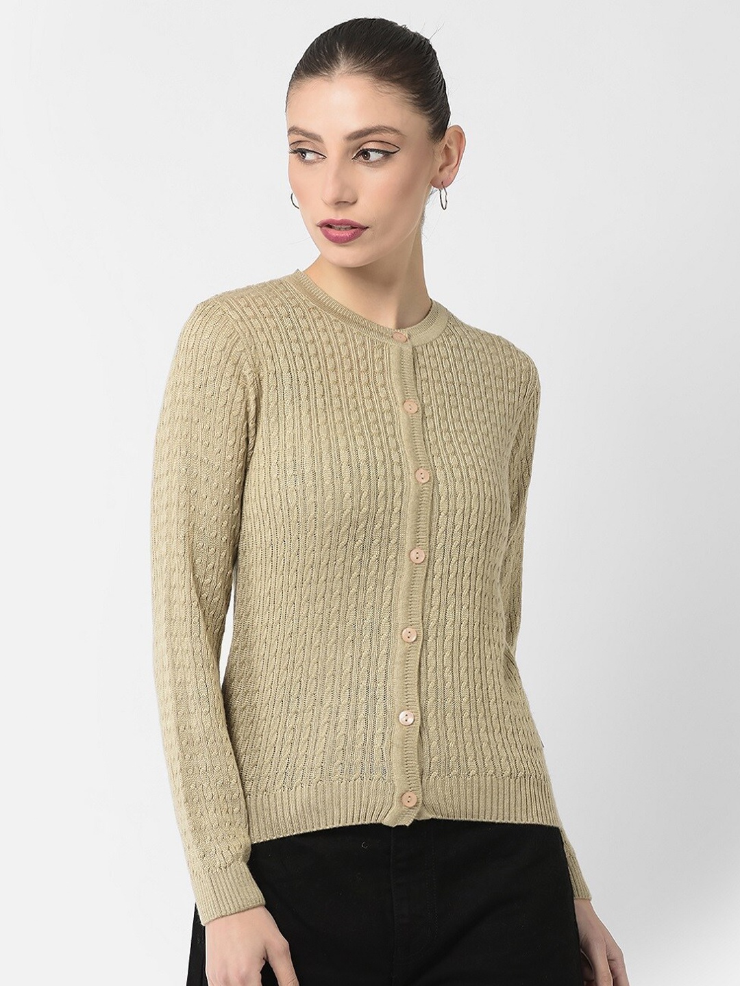 

Crimsoune Club Women Acrylic Cable Knit Cardigan, Beige