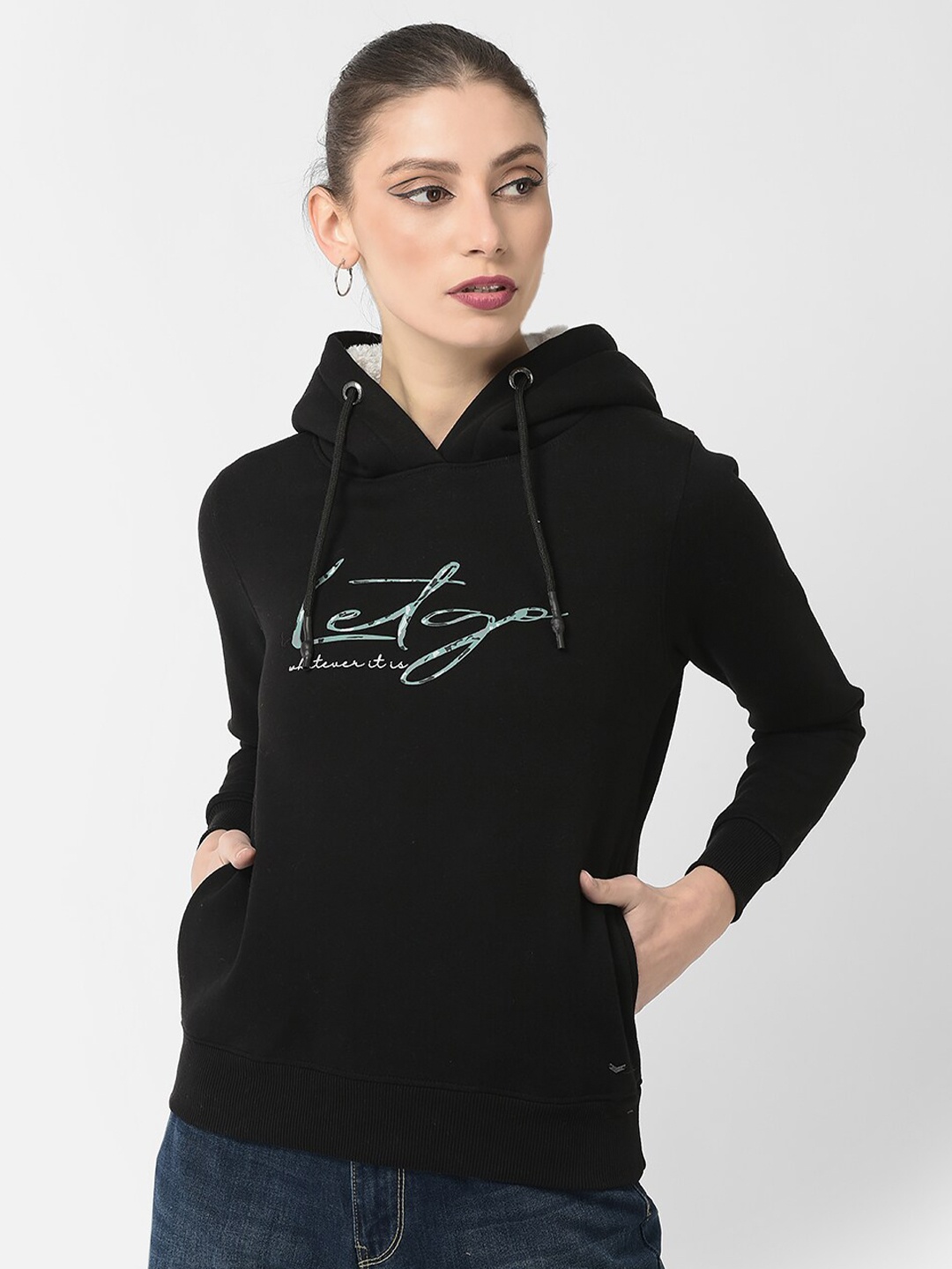 

Crimsoune Club Women Printed Hooded Sweatshirt, Black