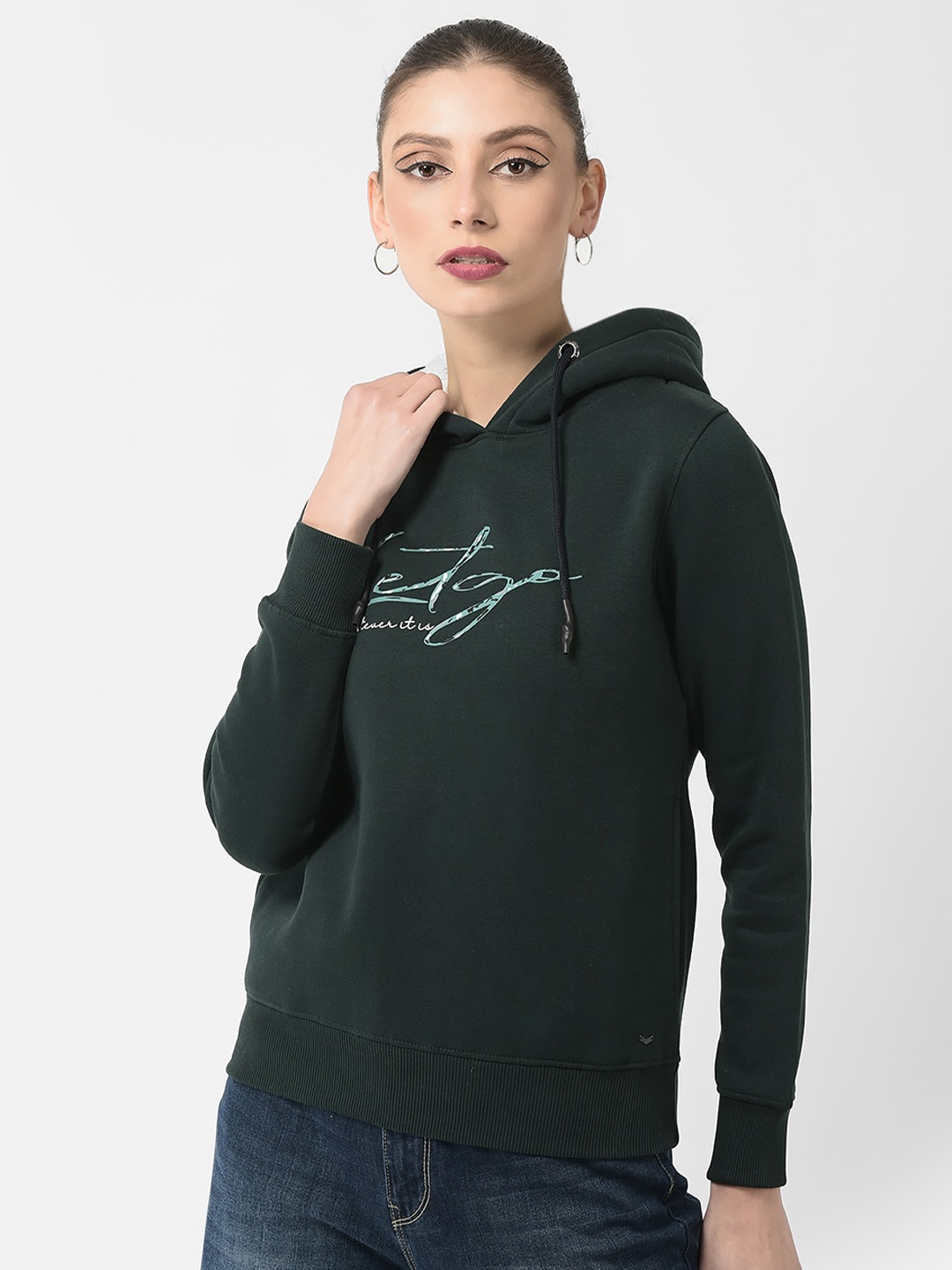 

Crimsoune Club Women Printed Hooded Sweatshirt, Green