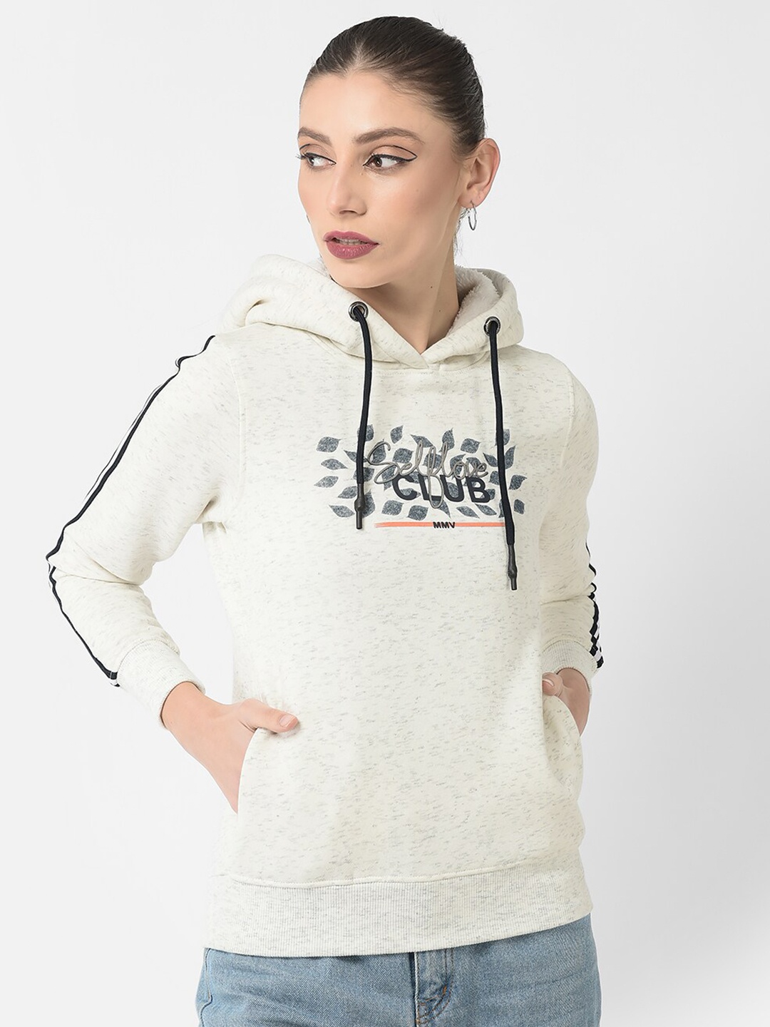

Crimsoune Club Women Printed Hooded Sweatshirt, Off white