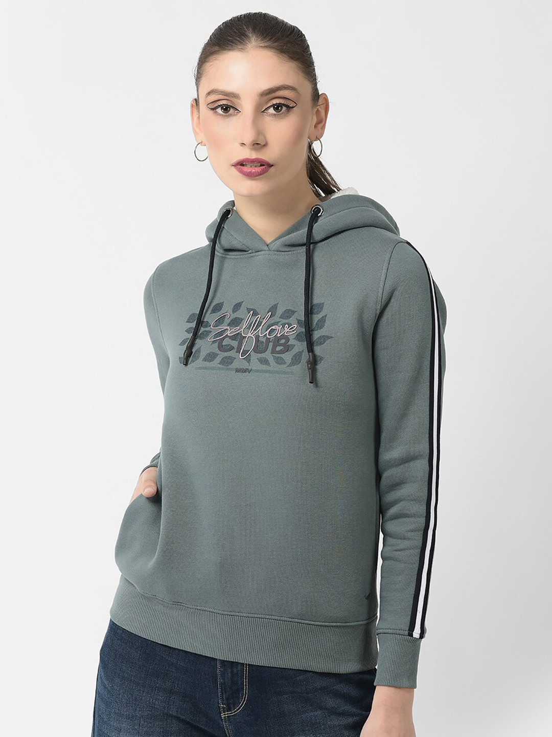 

Crimsoune Club Women Printed Hooded Sweatshirt, Grey