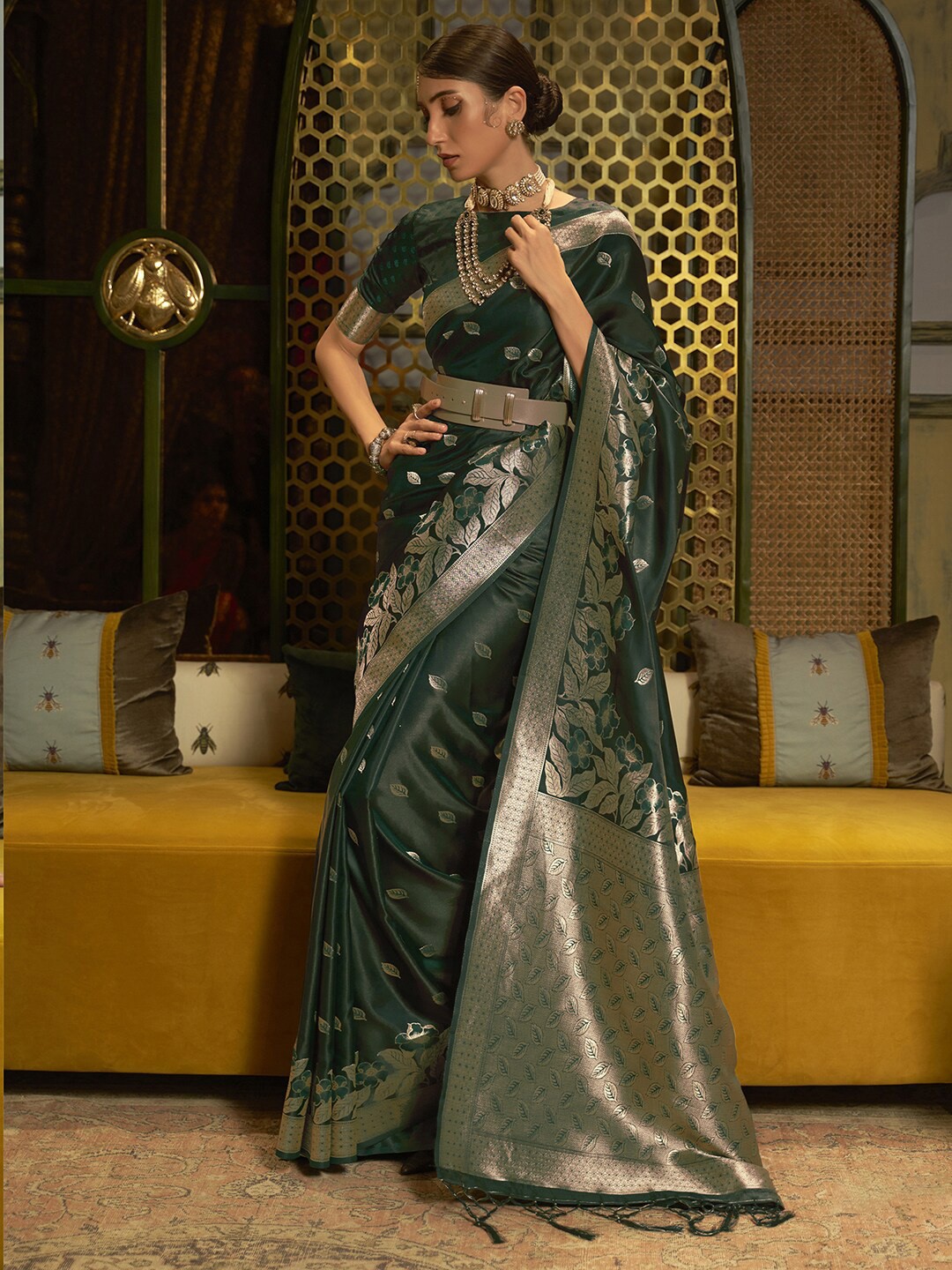 

Mitera Woven Design Zari Banarasi Saree, Green