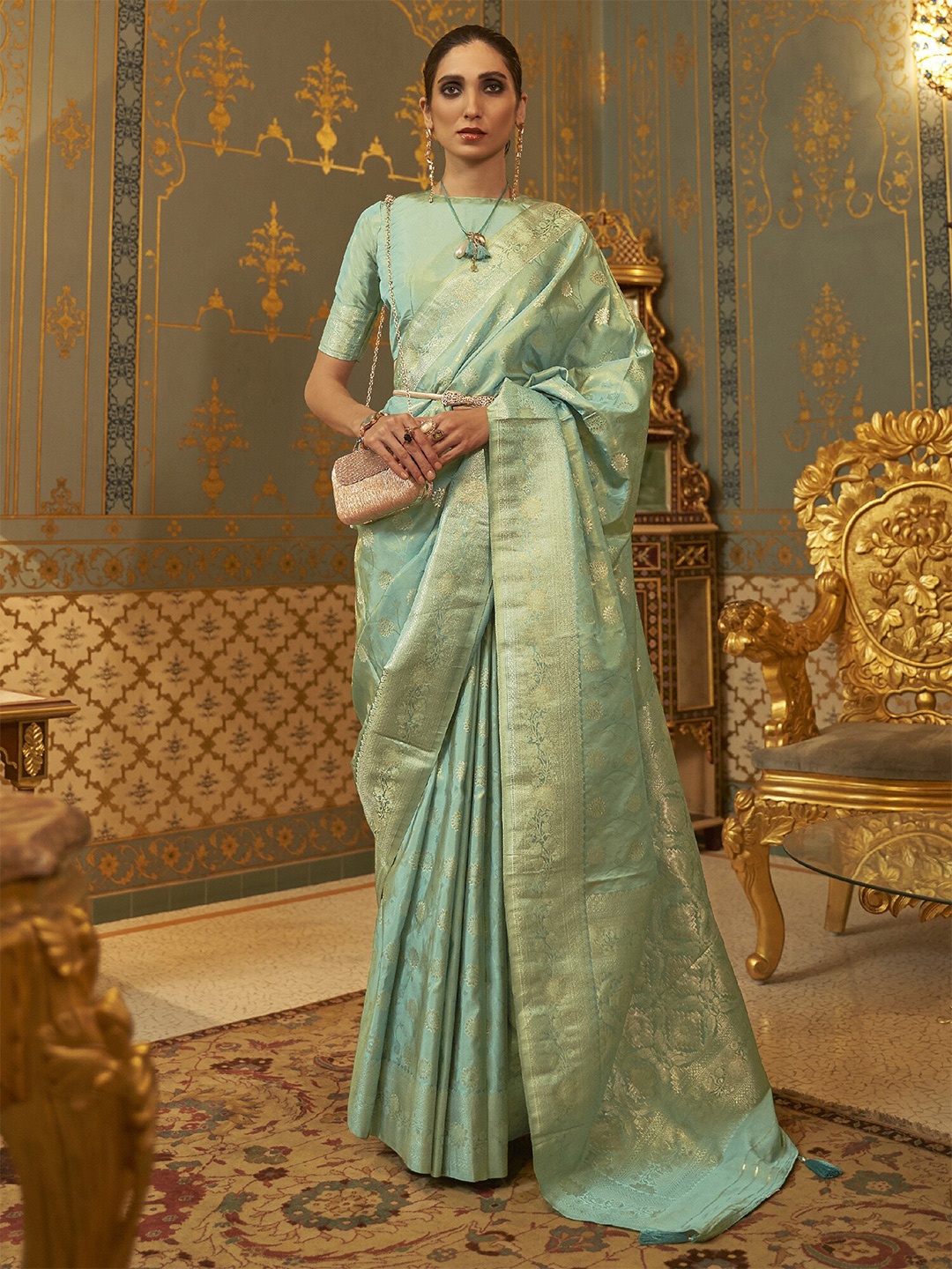 

Mitera Woven Design Zari Banarasi Saree, Sea green