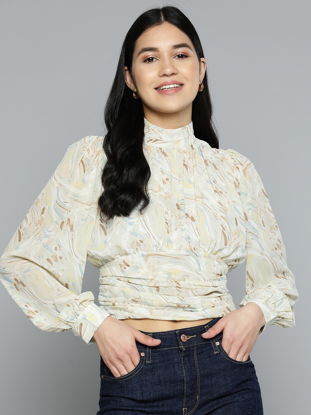 

VividArtsy Printed High Neck Cinched Waist Crop Top, Beige