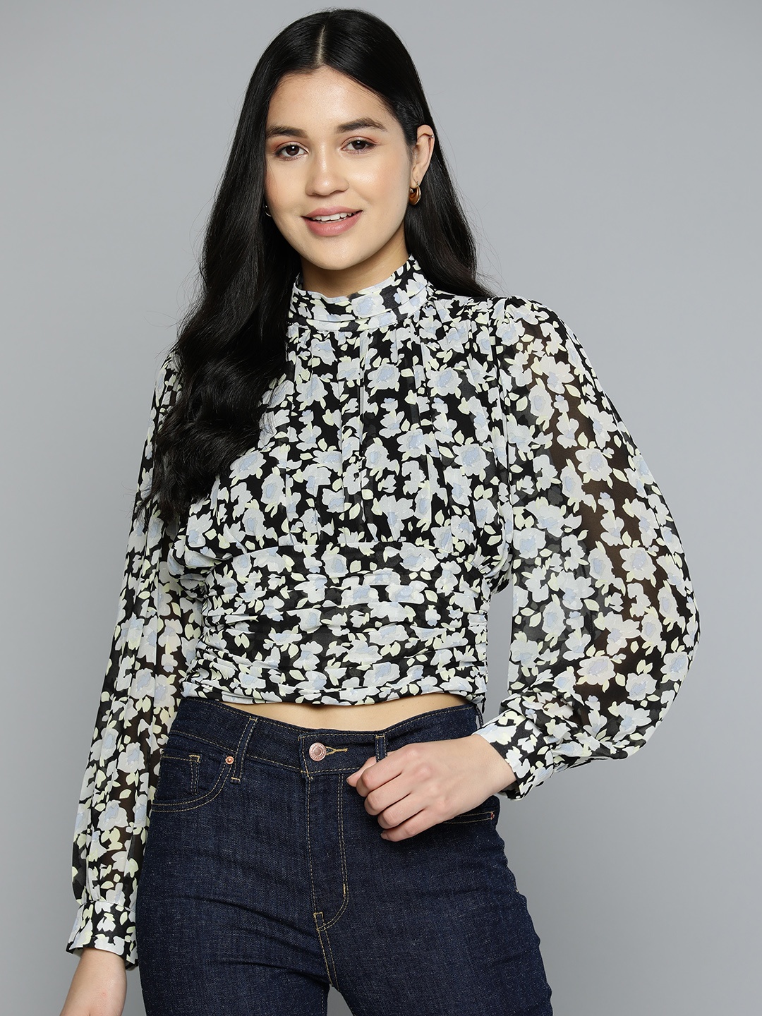 

VividArtsy Floral Print Cinched Waist Crop Top, Black