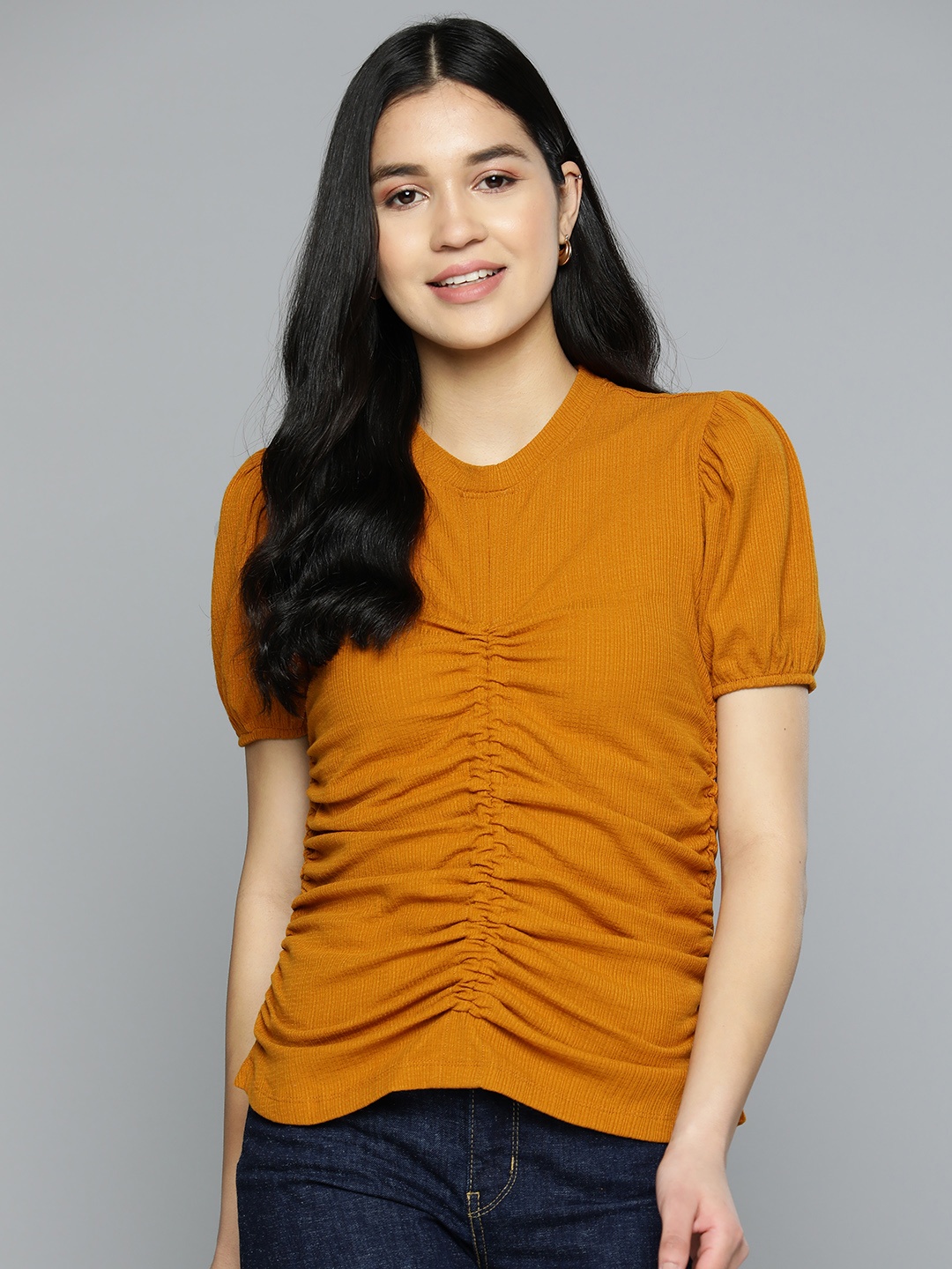 

VividArtsy Ruched Puff Sleeves Top, Mustard