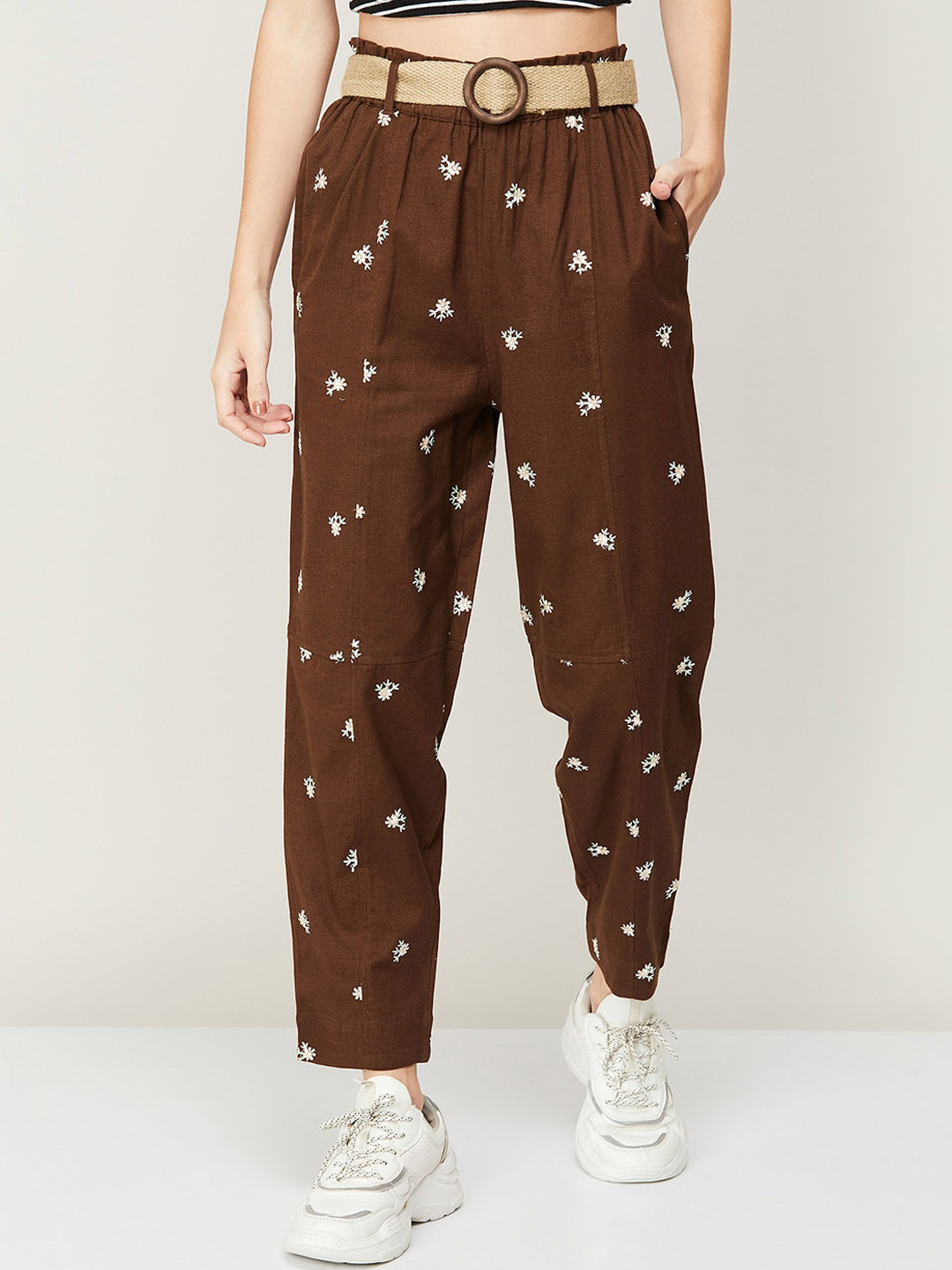 

Ginger by Lifestyle Women Floral Embroidered Pleated Pure Cotton Trousers, Brown