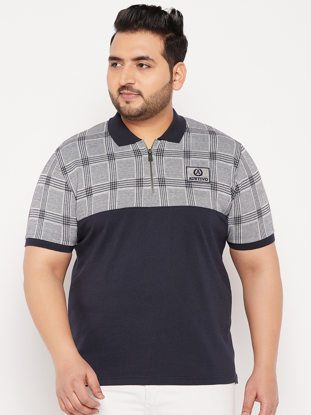 

AUSTIVO Men Plus Size Checked Polo Collar T-shirt, Black