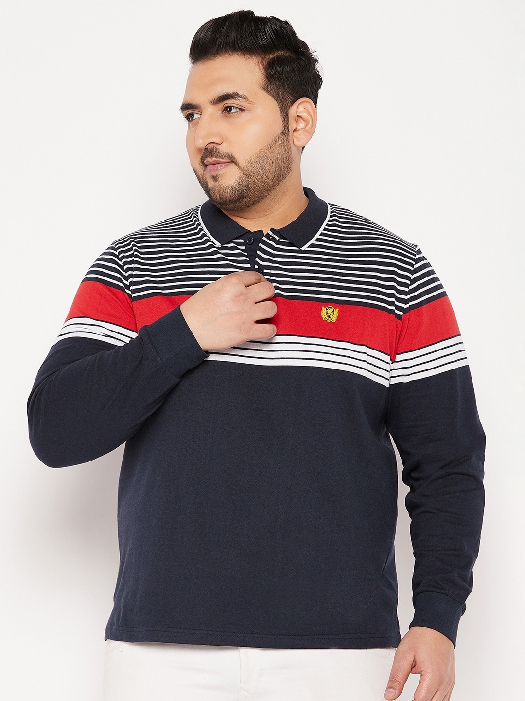 AUSTIVO Men Plus Size Colourblocked Polo Collar T-shirt, Navy blue