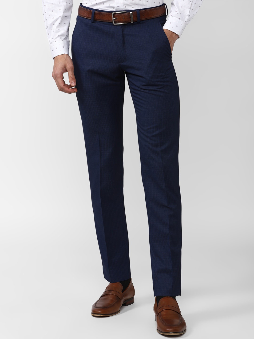 

Van Heusen Men Checked Slim Fit Formal Trousers, Navy blue