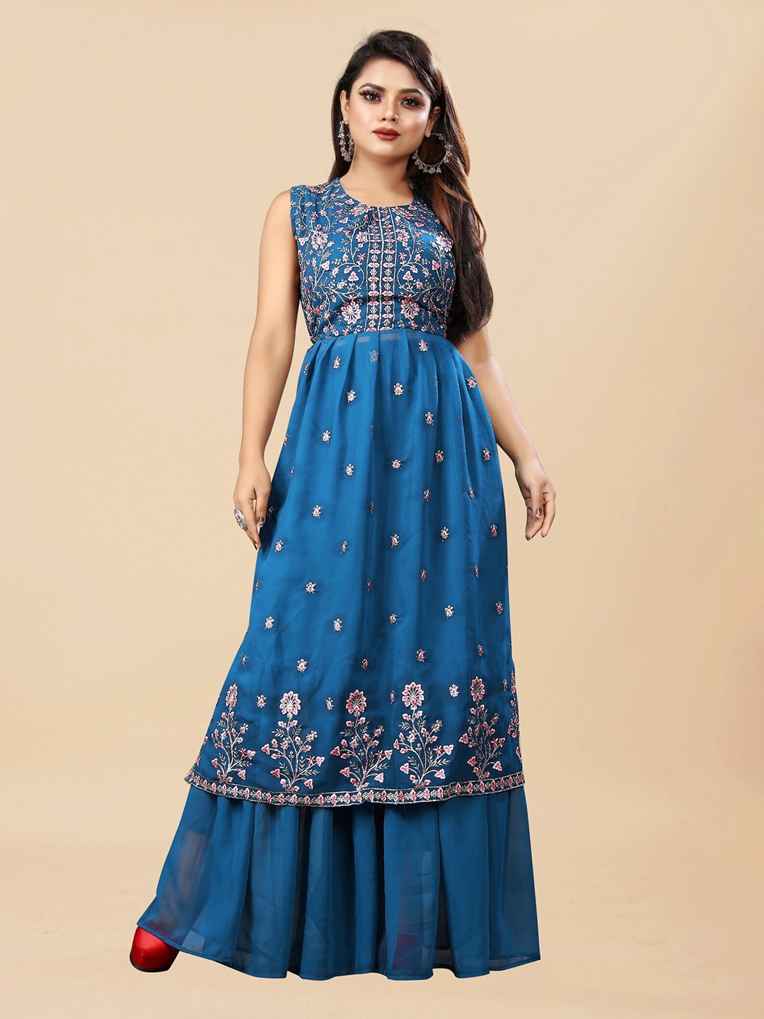 

APNISHA Women Floral Embroidered Pleated Kurta with Sharara, Blue