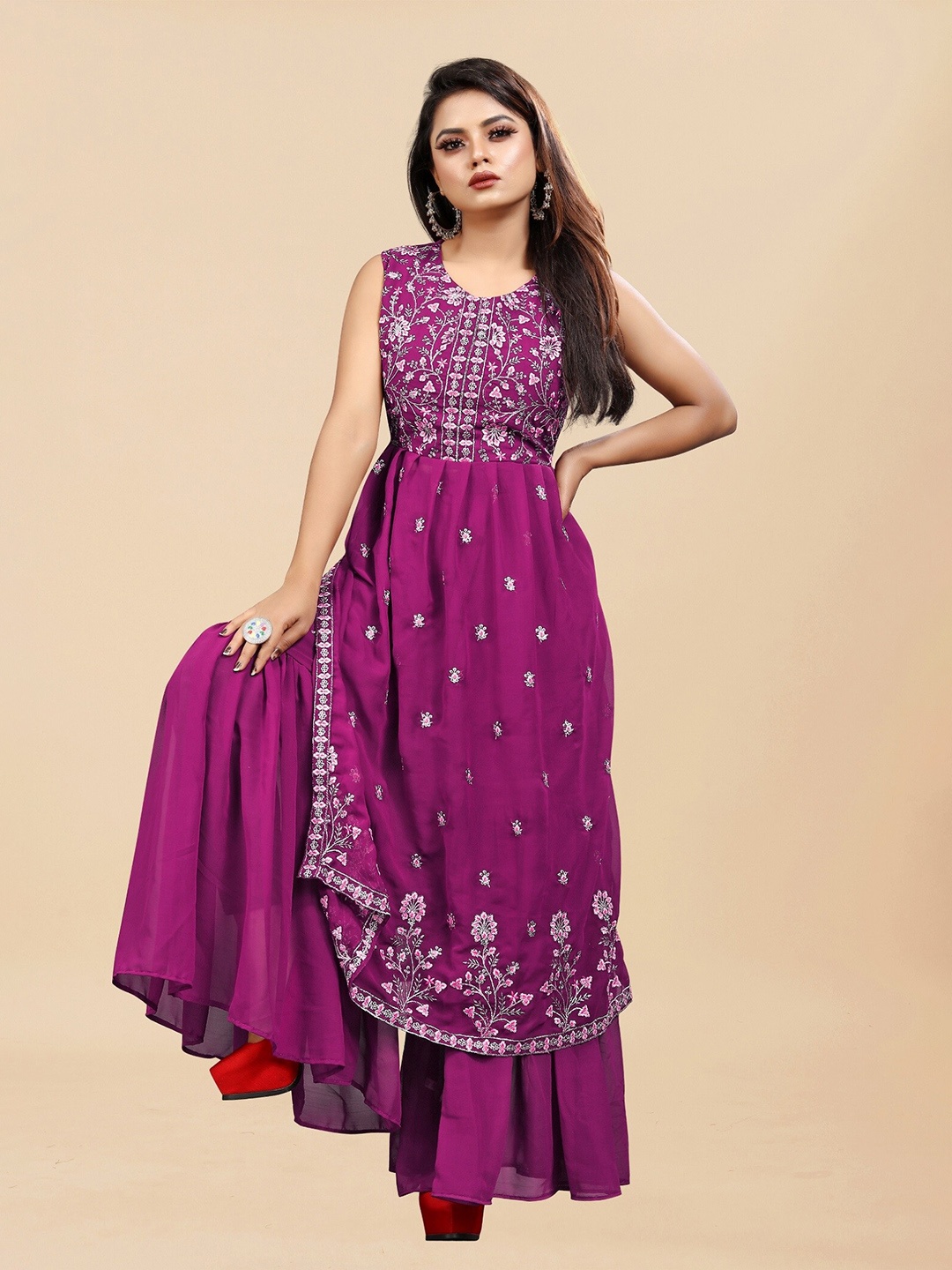 

APNISHA Women Floral Embroidered Pleated Kurta with Sharara, Purple