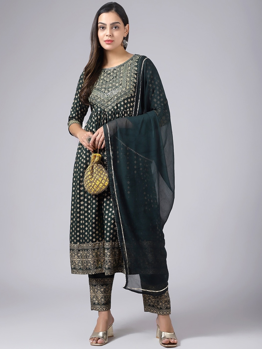 

ERISHA Women Ethnic Motifs Printed Pleated Mirror Work Kurta with Trousers & Dupatta, Green