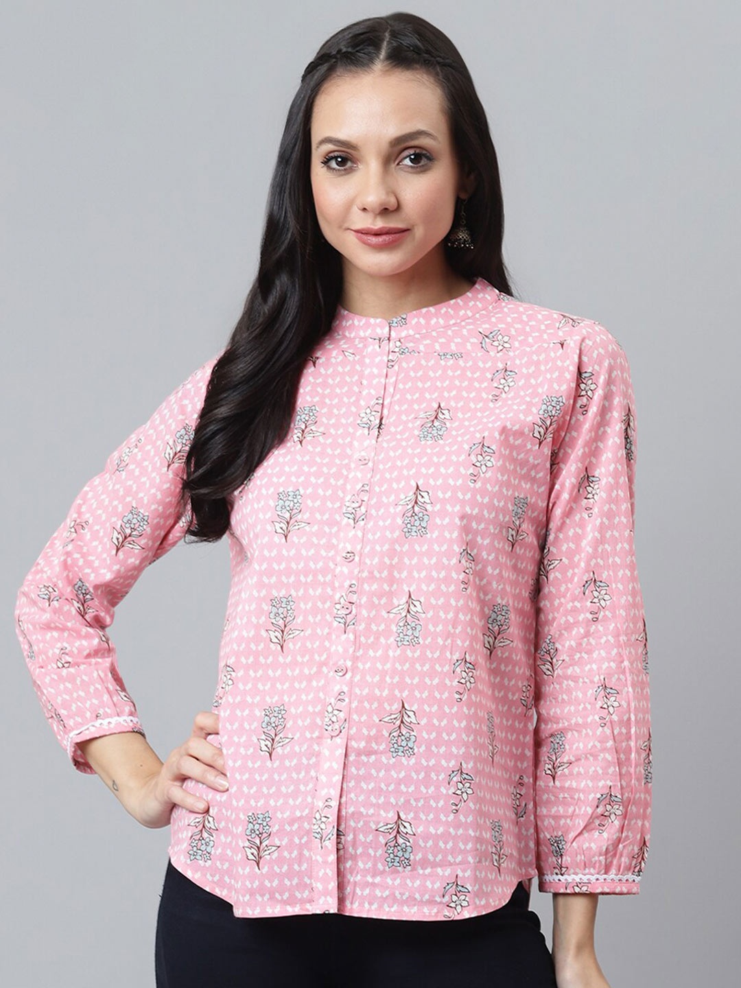 

QOMN Floral Print Mandarin Collar Shirt Style Top, Pink