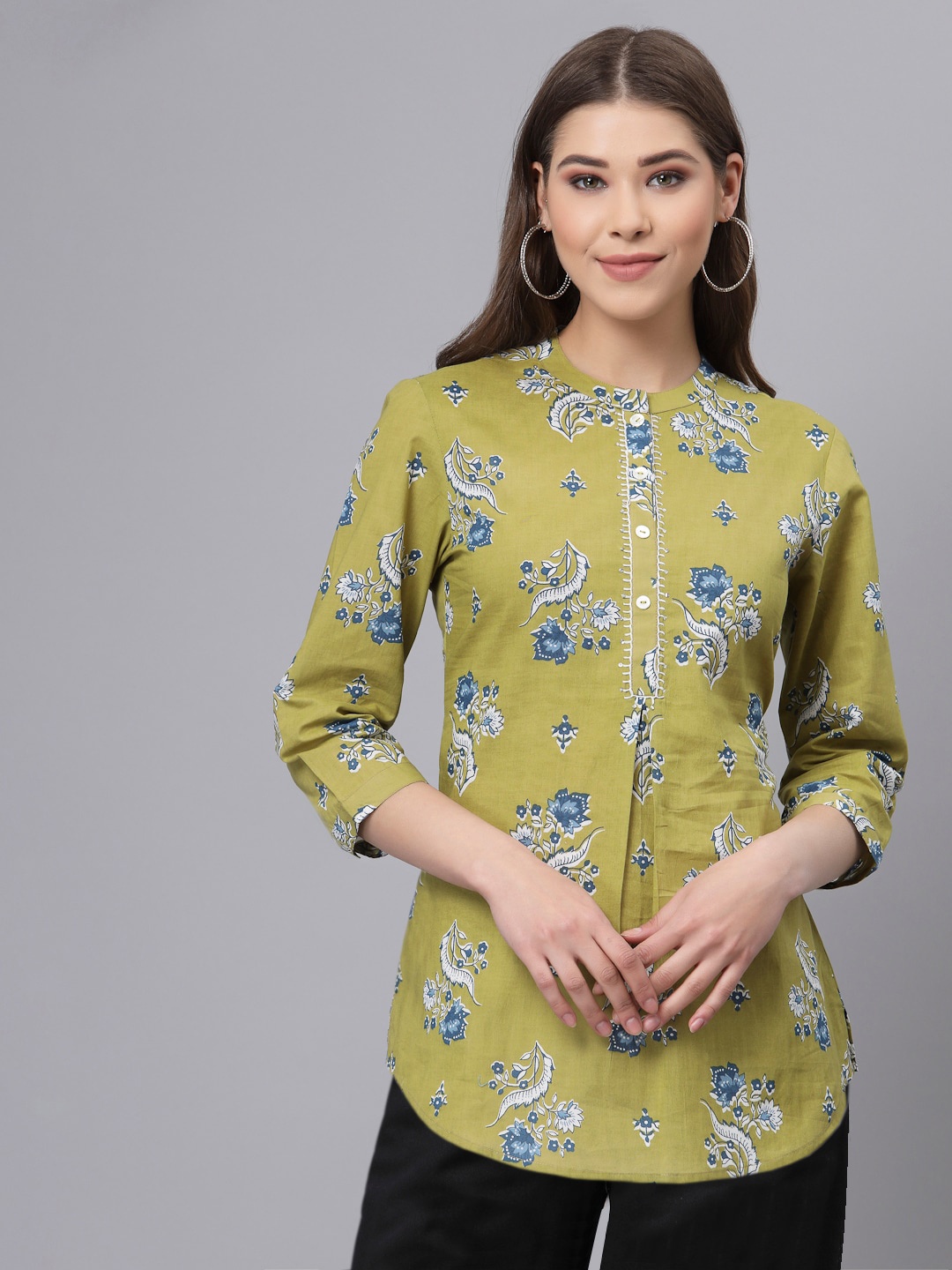 

QOMN Floral Print Mandarin Collar Shirt Style Top, Green