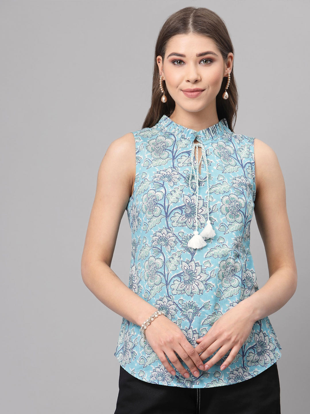 

QOMN Floral Print Tie-Up Neck Top, Blue