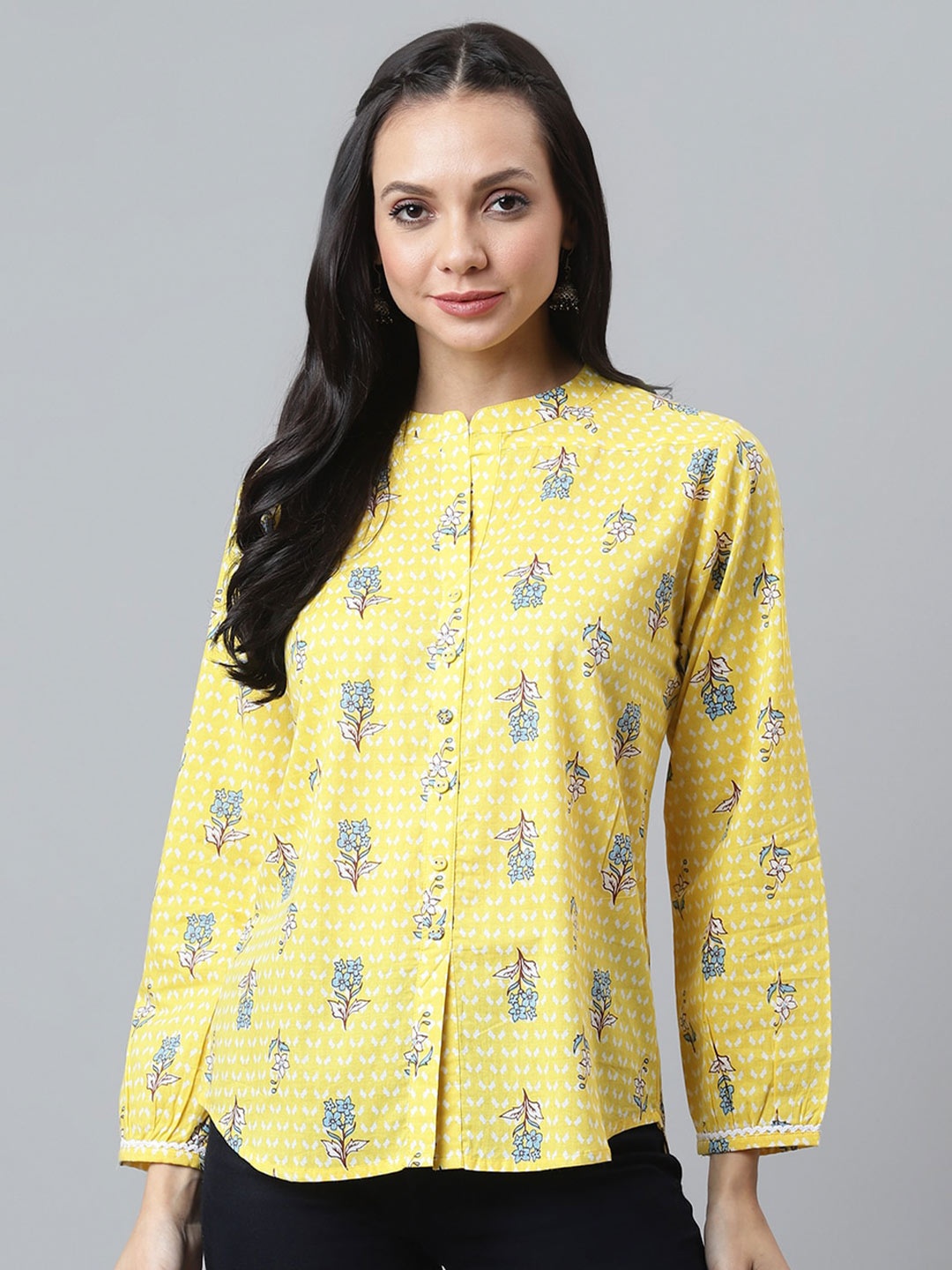 

QOMN Floral Print Mandarin Collar Shirt Style Top, Yellow