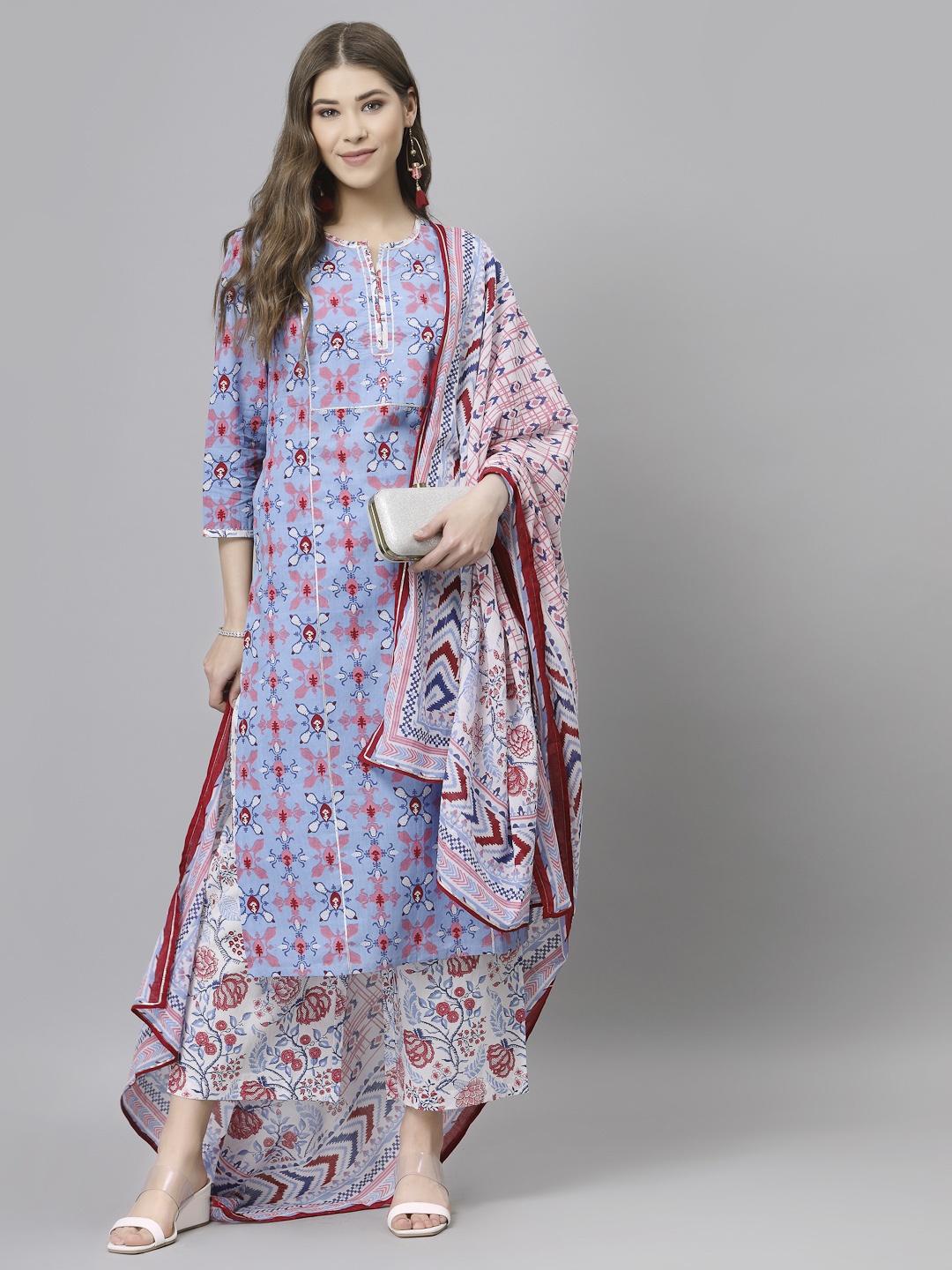 

QOMN Floral Printed Sequinned Pure Cotton Kurta & Palazzos With Dupatta, Blue