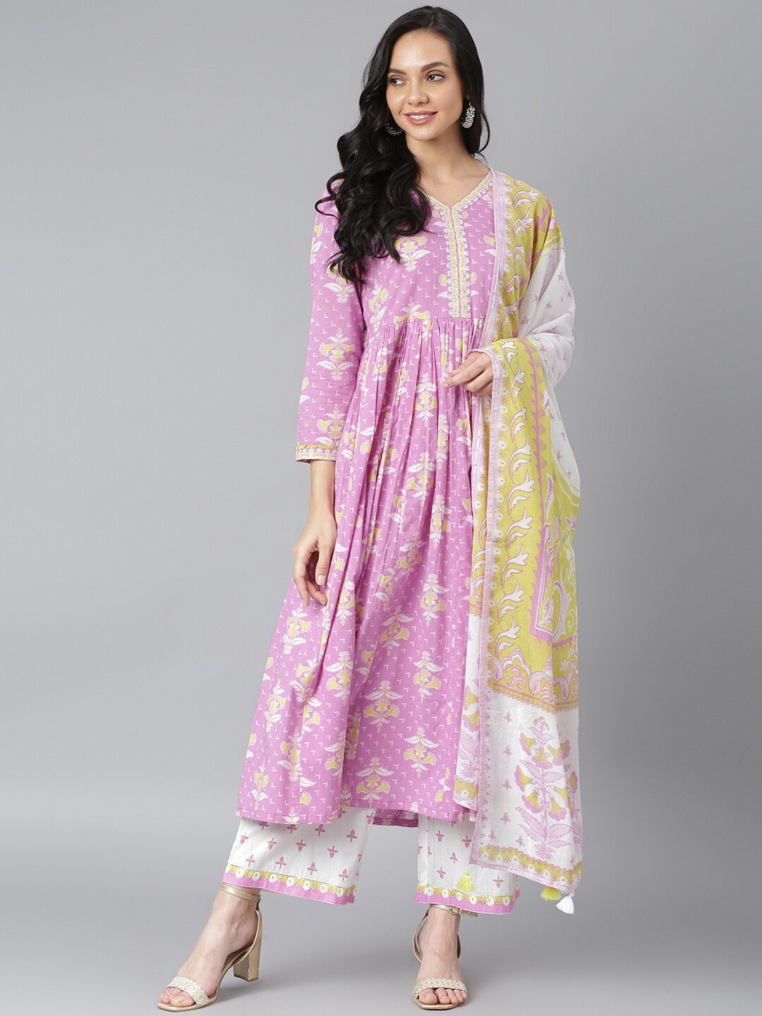 

QOMN Floral Printed Empire Sequinned Pure Cotton Kurta with Palazzos & Dupatta, Lavender