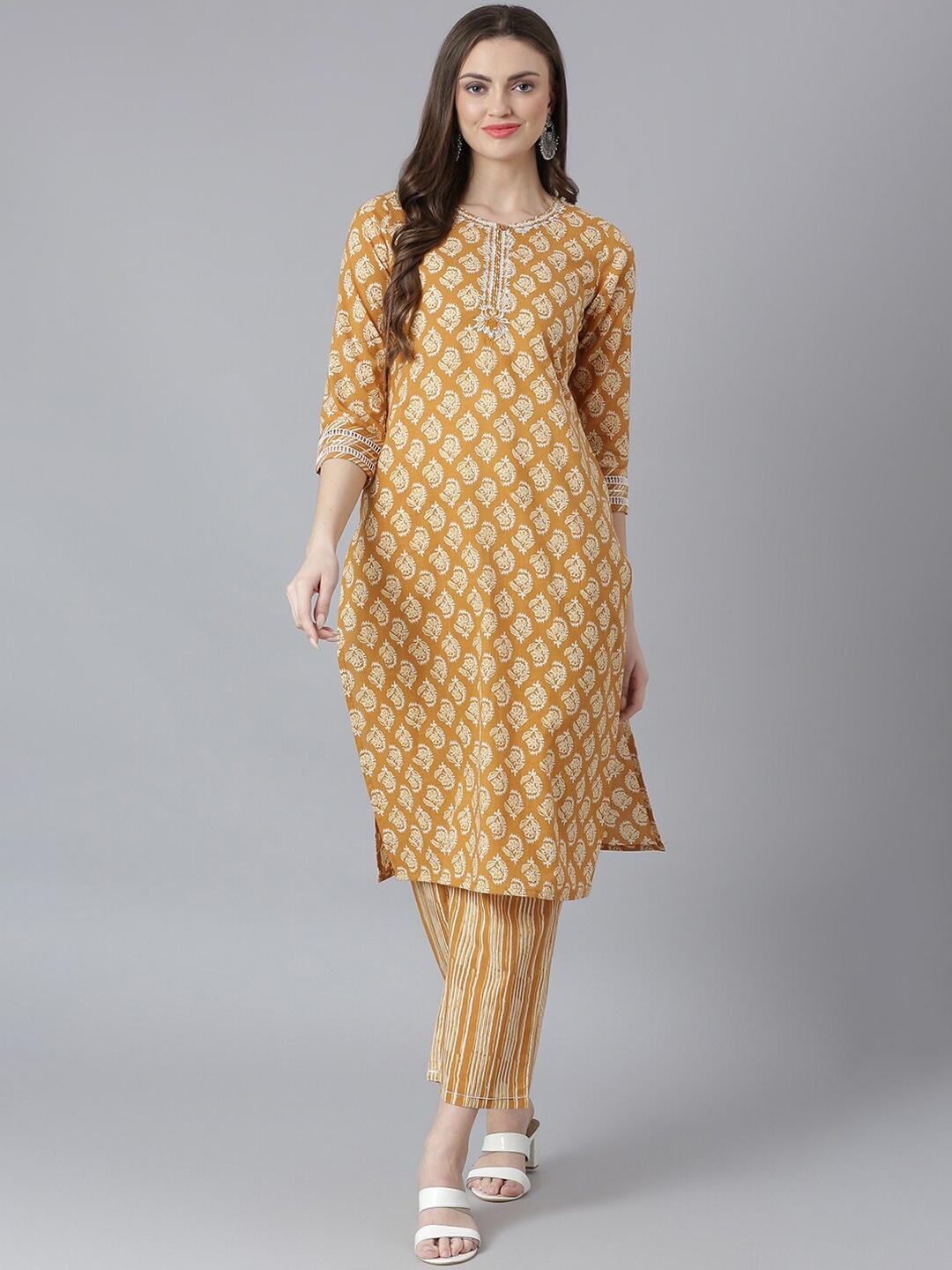 

QOMN Women Ethnic Motifs Printed Thread Work Pure Cotton Kurta with Palazzos, Mustard