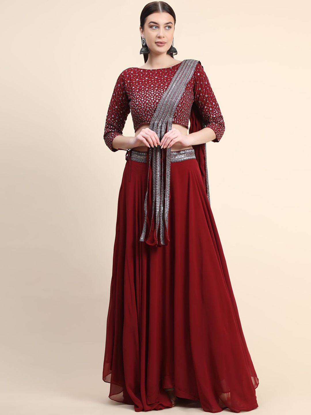 

KALINI Embellished Sequinned Ready to Wear Lehenga & Blouse With Dupatta, Maroon